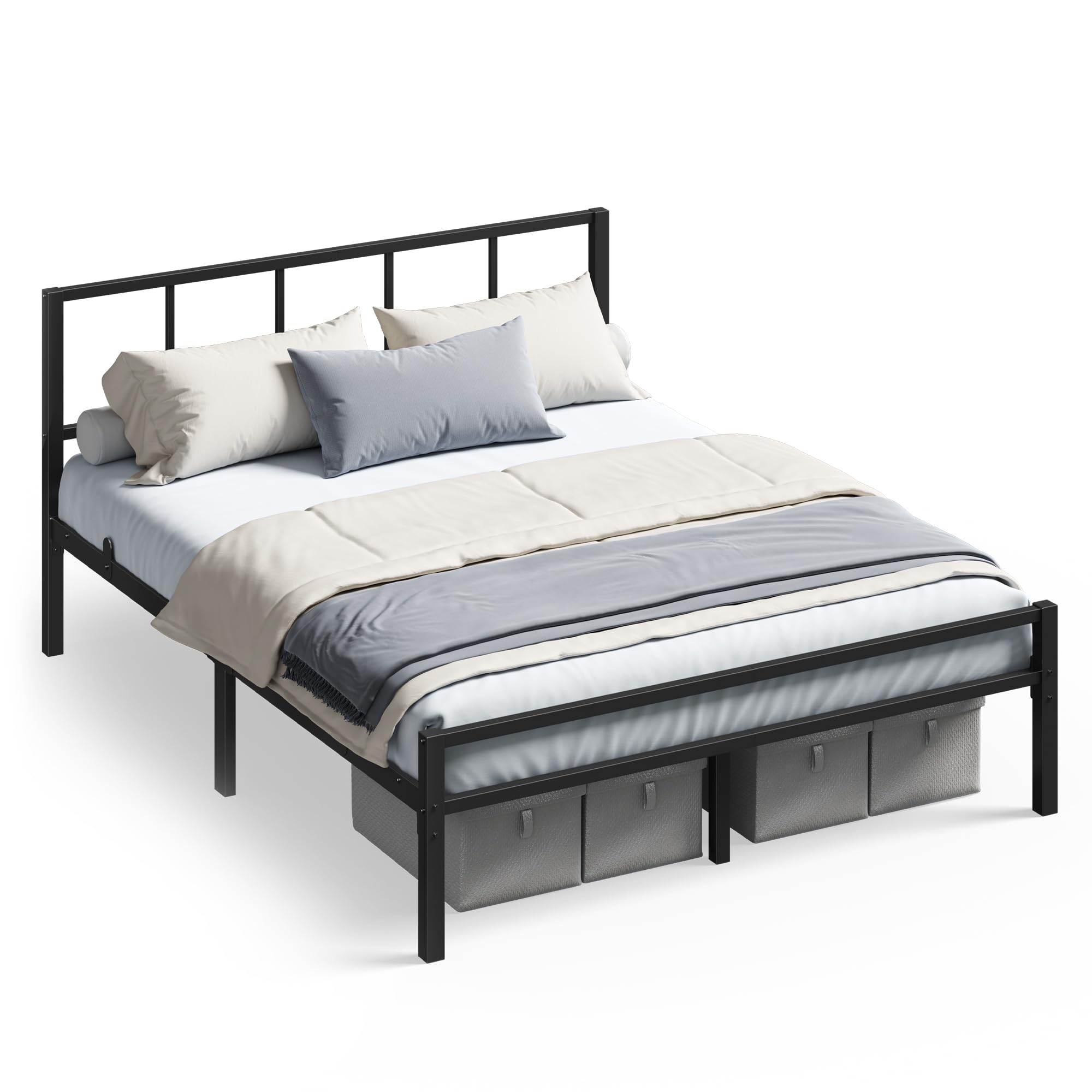 VASAGLE Cama de Matrimonio, 135 x 190 cm, Cabecero, Marco de Metal, Carga de 500 kg, Montaje Fácil, para Dormitorio, Negro Tinta RMB296B101