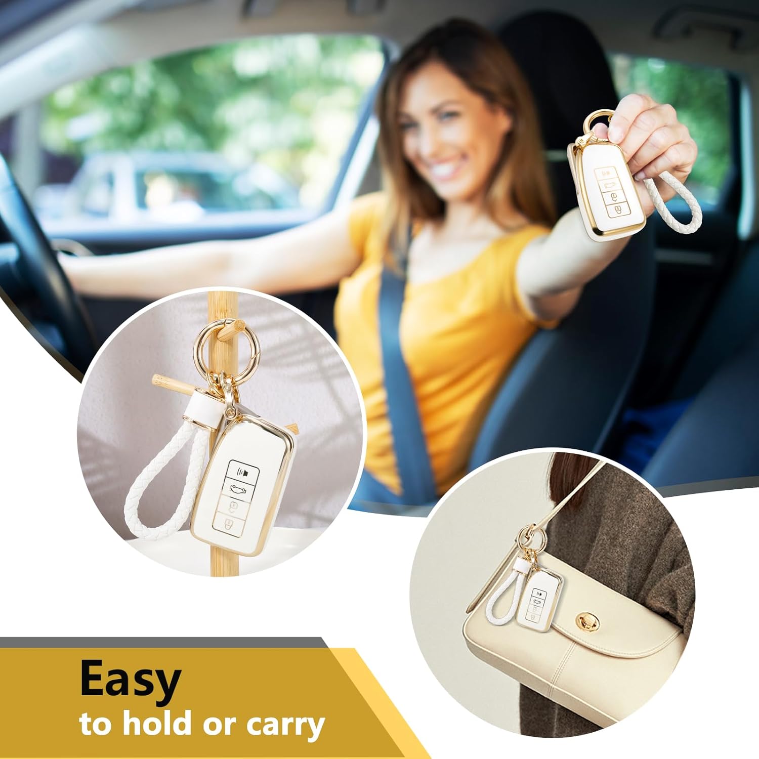 for Lexus Key Fob Cover with Metal Braided Keychain, Upgraded Soft Case for GS GS-F ES IS IS-F RC RC-F NX LX570 RX350/450h (4 buttons) Key Fob Shell (Gold Edge, A1) - Image 4
