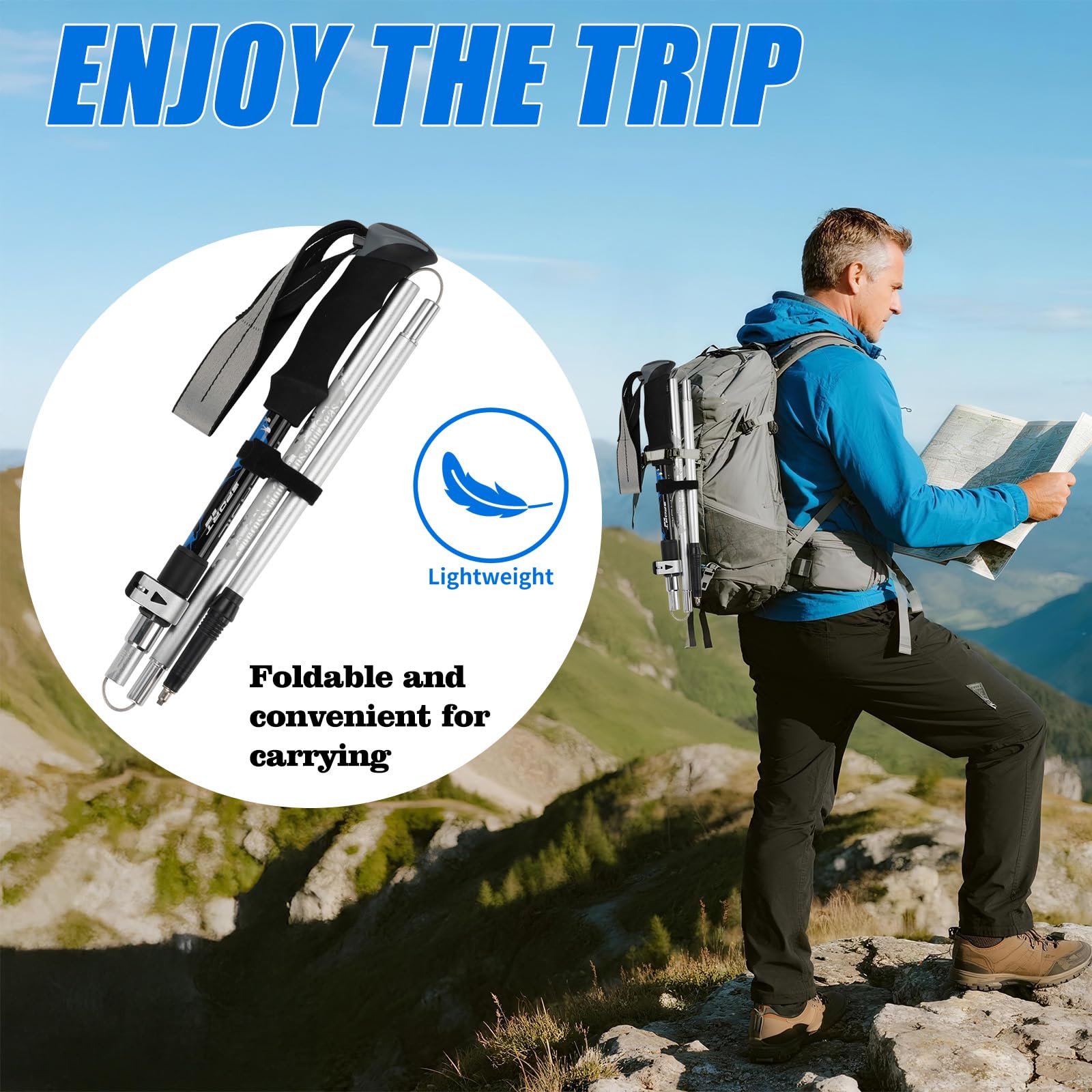 2 bastones de senderismo para hombre y mujer, bastones de senderismo de aluminio, plegables, ligeros, telescópicos, 110-125 cm, para montañismo, senderismo, esquí, trekking