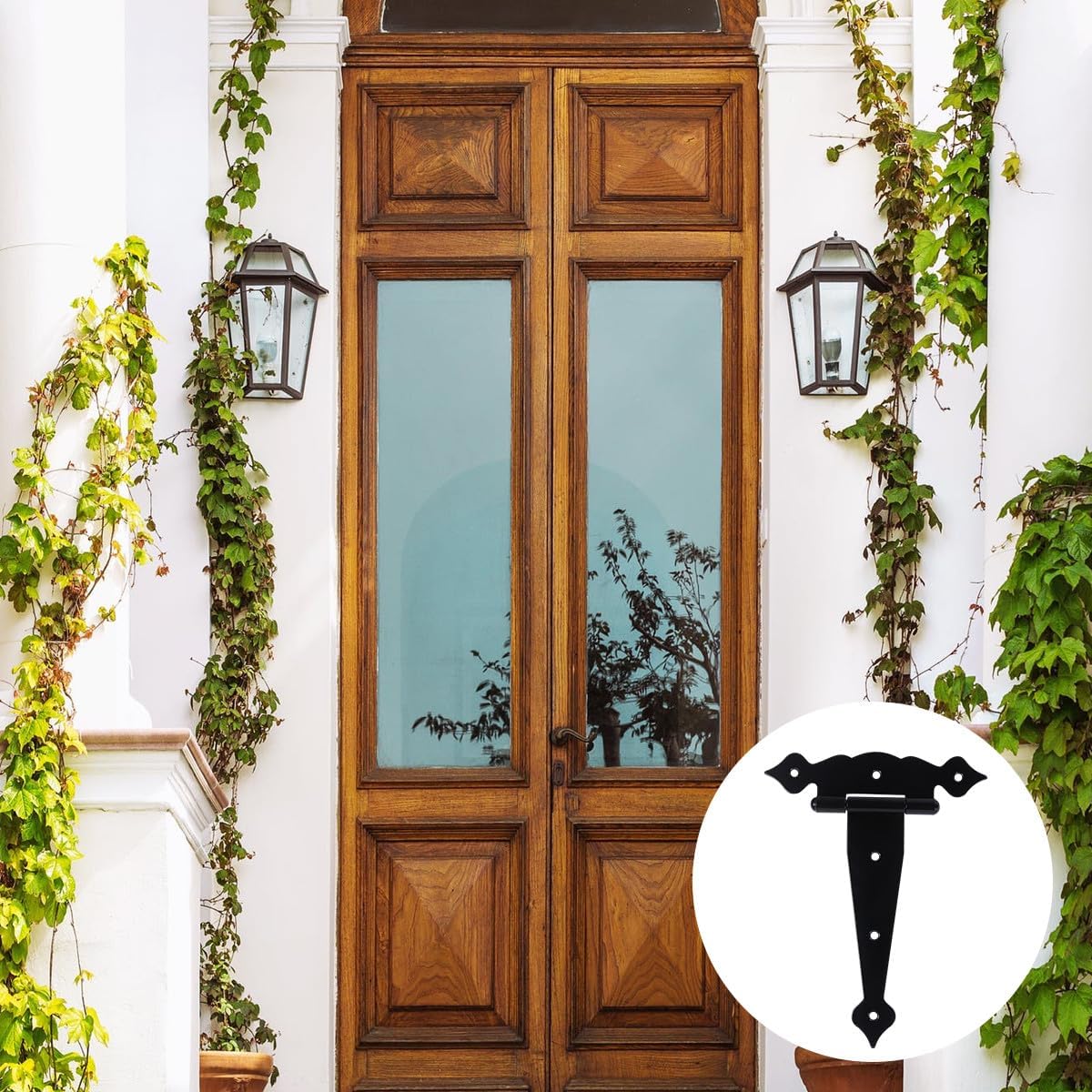 3pcs 8-inch Black Painted T-Shape Door Hinges Rustproof Iron Gate Hinges Decorative Wooden Fence Strap for Outdoor Shed and Gate Use