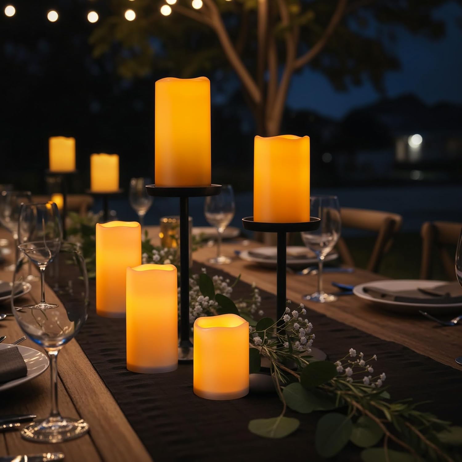 Raycare Outdoor Waterproof Flameless Candles-Auto Light Sensor Dusk to Dawn, Flickering LED Candle, Battery Operated Electric Fake Pillar Candle for Garden, Porch, Patio Decor, (D3 xH4 5" 6" 6" 6")