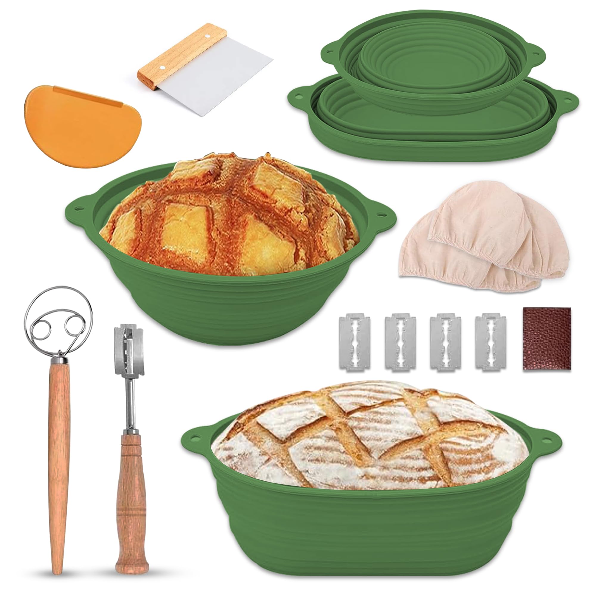 Kit Completo Per Pane A Lievito Madre - 32 Pezzi: Cestini Banneton In Silicone Rotondi E Ovali, Tappetino, Lame, Frusta, Misurini E Stencil - Attrezzatura Da Forno Professionale