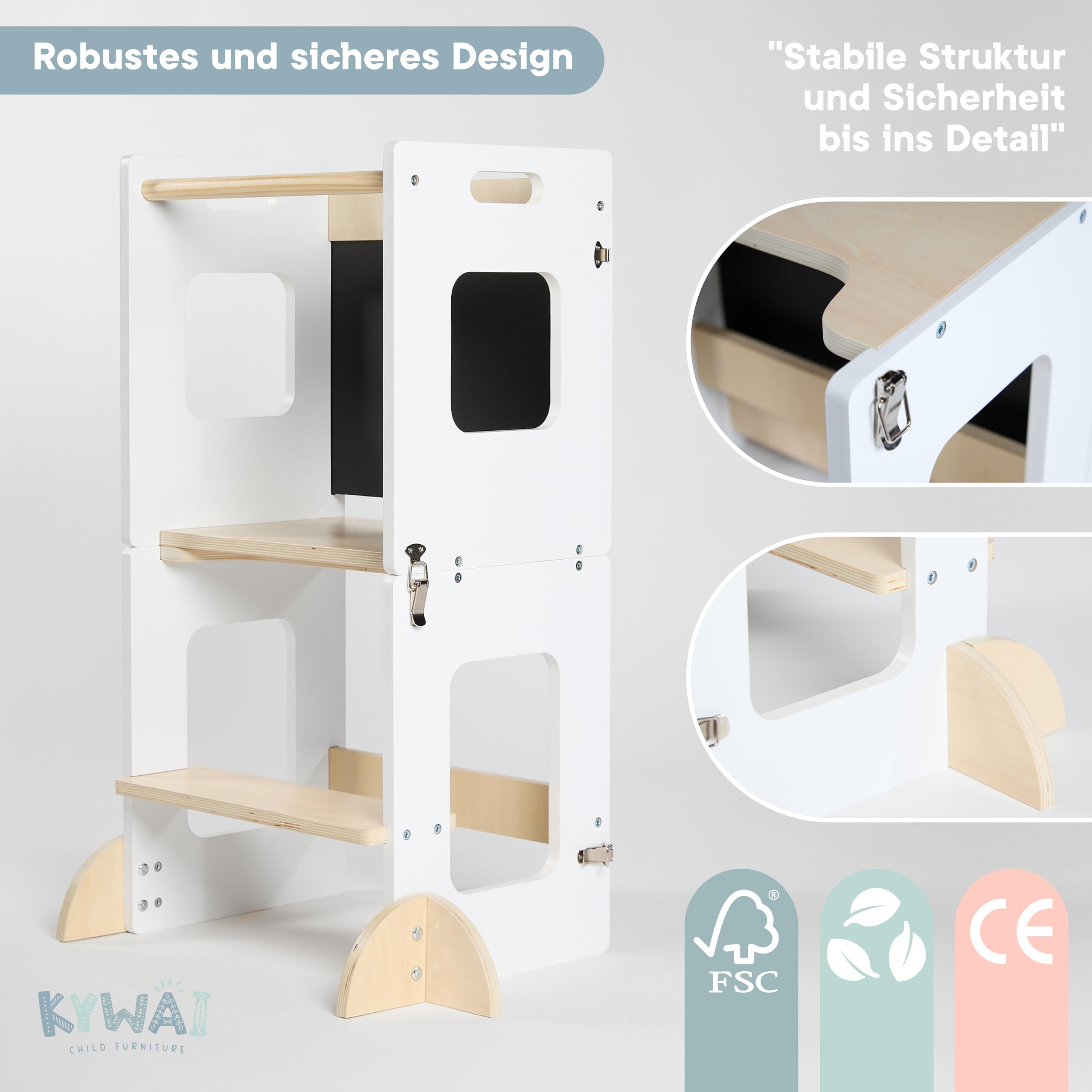 Lernturm ab 1 Jahr – Lernturm Klappbar 3 in 1 mit Tafel – Learning Tower für Kinder – Faltbar mit Sicherheitsfüßen – Aus Nachhaltigem Holz – Stabiler Montessori-Hocker für Zuhause