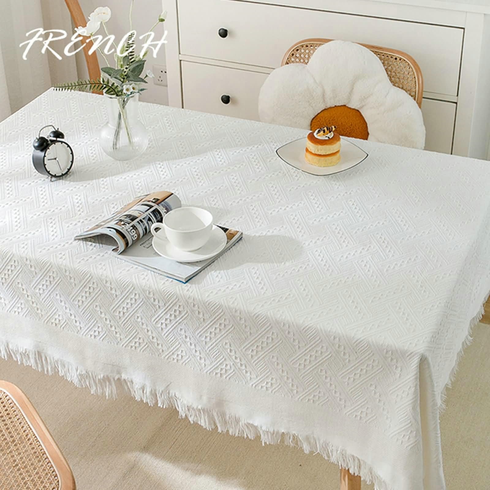 Tovaglia da Tavola 90 x 240cm, Tovaglia Rettangolare Lavabile Bianco Motivo Rombi con Nappe Tovaglia da Tavola