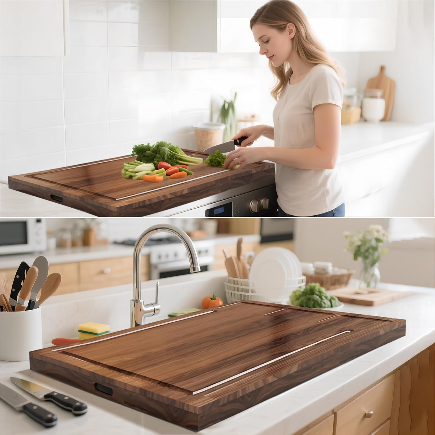 Noodle Board Stove Cover, Noodle Board Stove Covers with Handle, Wooden Stove Top Covers for Electric Stove and Gas Burners, Cutting Board with Juice Groove & Separate Zone