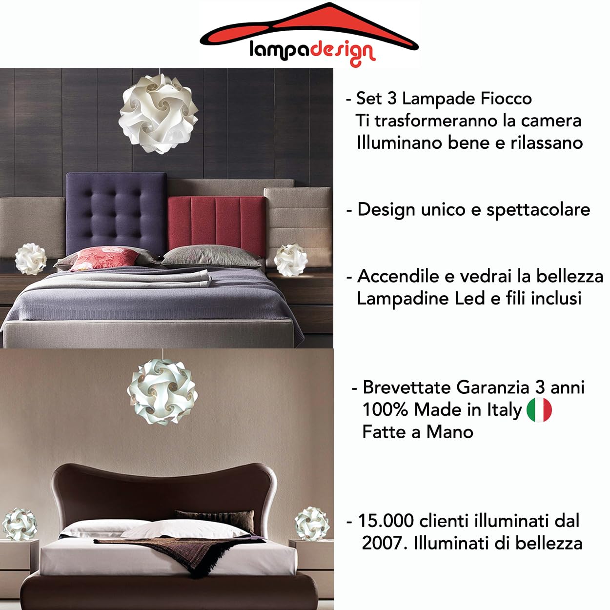 Lampadesign ® Set Lampadario e 2 lampade da comodino Camera da letto moderna Lampada a sospensione Sfera 35 cm e coppia abat jour stanza cameretta Lampadine Led luce fredda 17W e27 Filo bianco