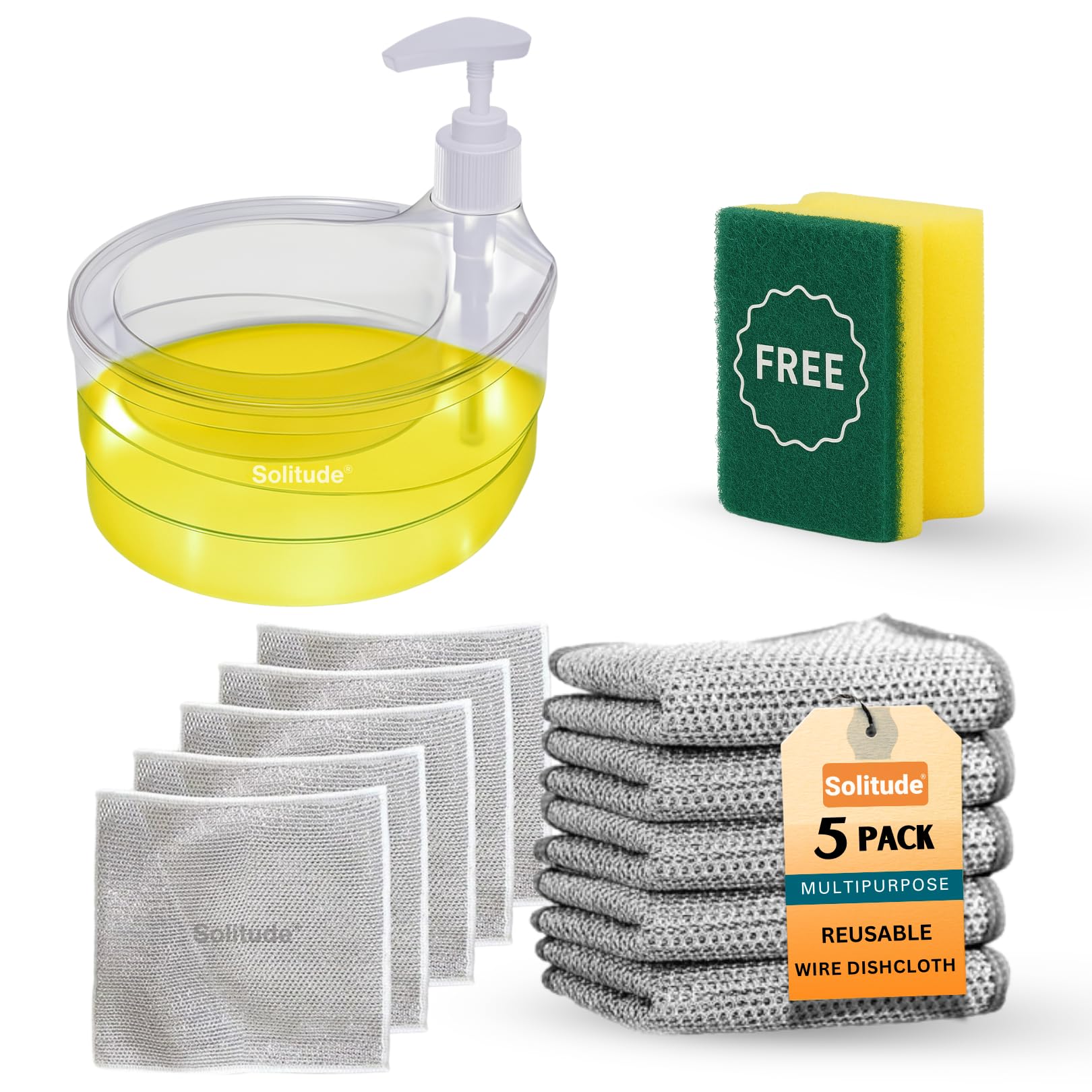 Solitude Double-Layer Soap Dispenser with 1 Sponge and 5 Dishcloths, Liquid Holder & Dispenser Pump with Sponge Holder for Kitchen Sink & Bathroom Accessories