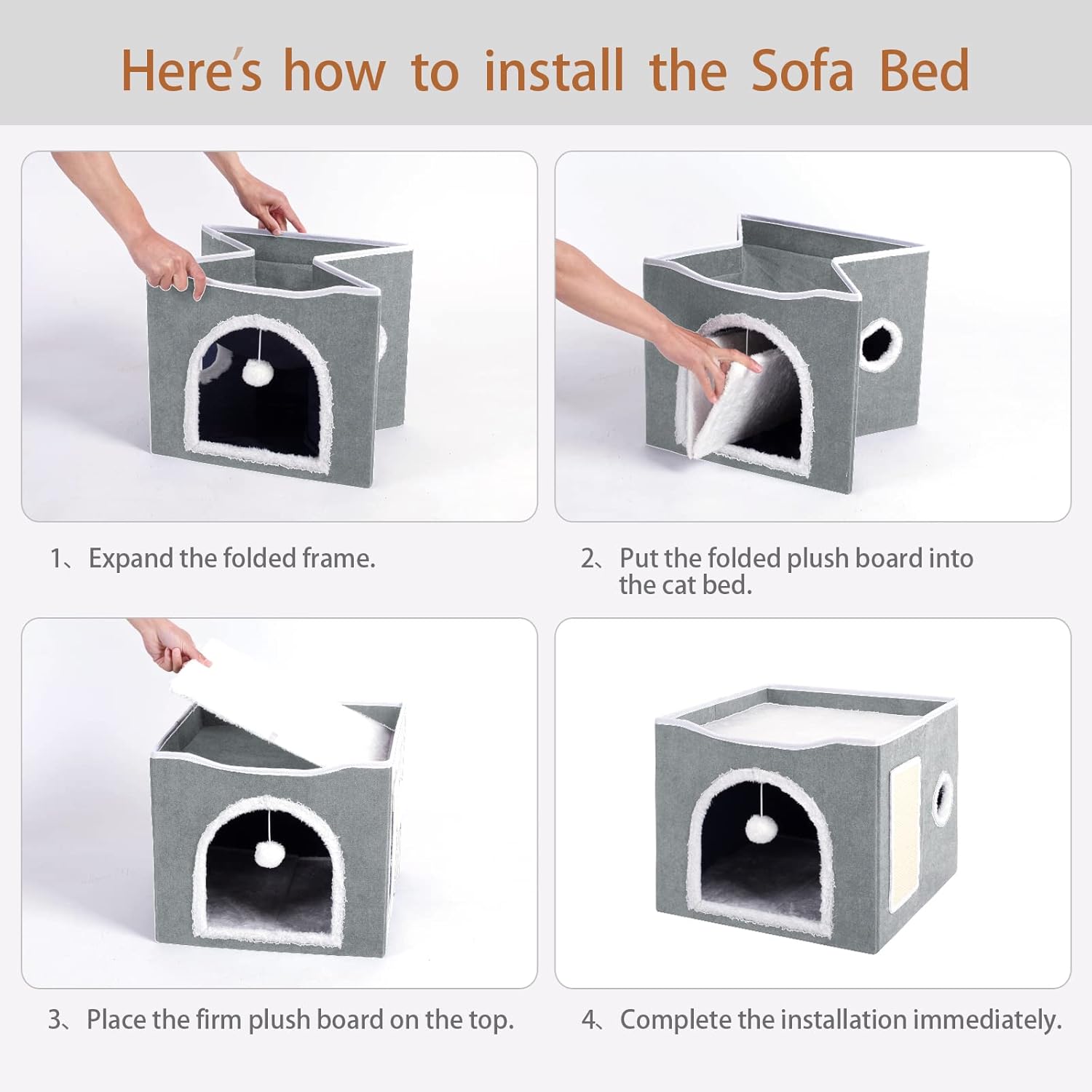 FAREYY Cat Beds for Indoor Cats - Large Cat House Cat Bed Cave Foldable Cat Cube with Cat Scratch Pad and Fluffy Ball Hanging, Cat Hideaway, 15.7 W x15.7 L x 13.8H inches