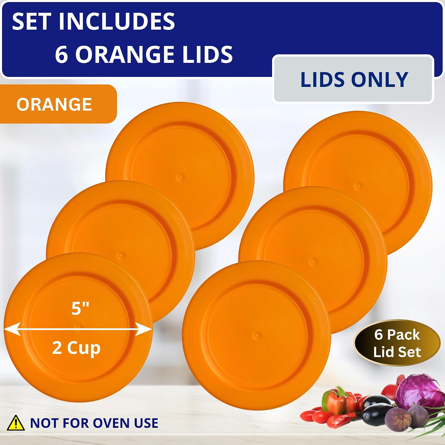 KlareWare Replacement Lids for - 2 Cup Storage Bowl Covers, BPA Free Plastic Lids for Pyrex 7200, Anchor Hocking (6 Pack, Orange) - Containers NOT Included