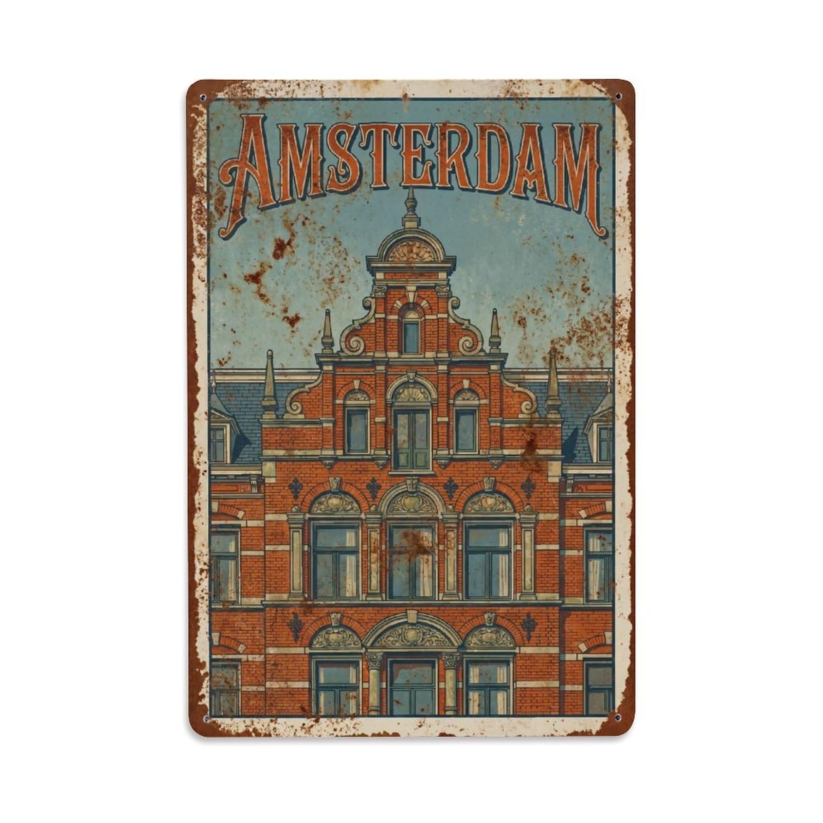 Okngb Style Brick Waterfront Amsterdam Retro Travel Quay Canal Metal Tin Sign Plaque Wall Decor For Cafe, Man Cave, Club Bar, Office, Home Garden Round Metal Poster 8X12inch