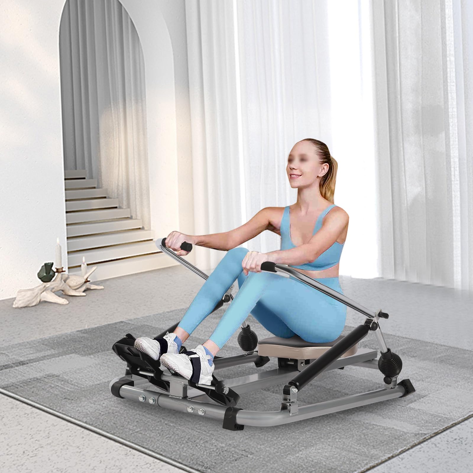 Vogatore idraulico, completamente mobile, regolabile, con resistenza a gradini da 15 a 55 kg, sedile morbido e monitor LCD e guida lunga da 45 pollici per esercizi cardio(scuro)
