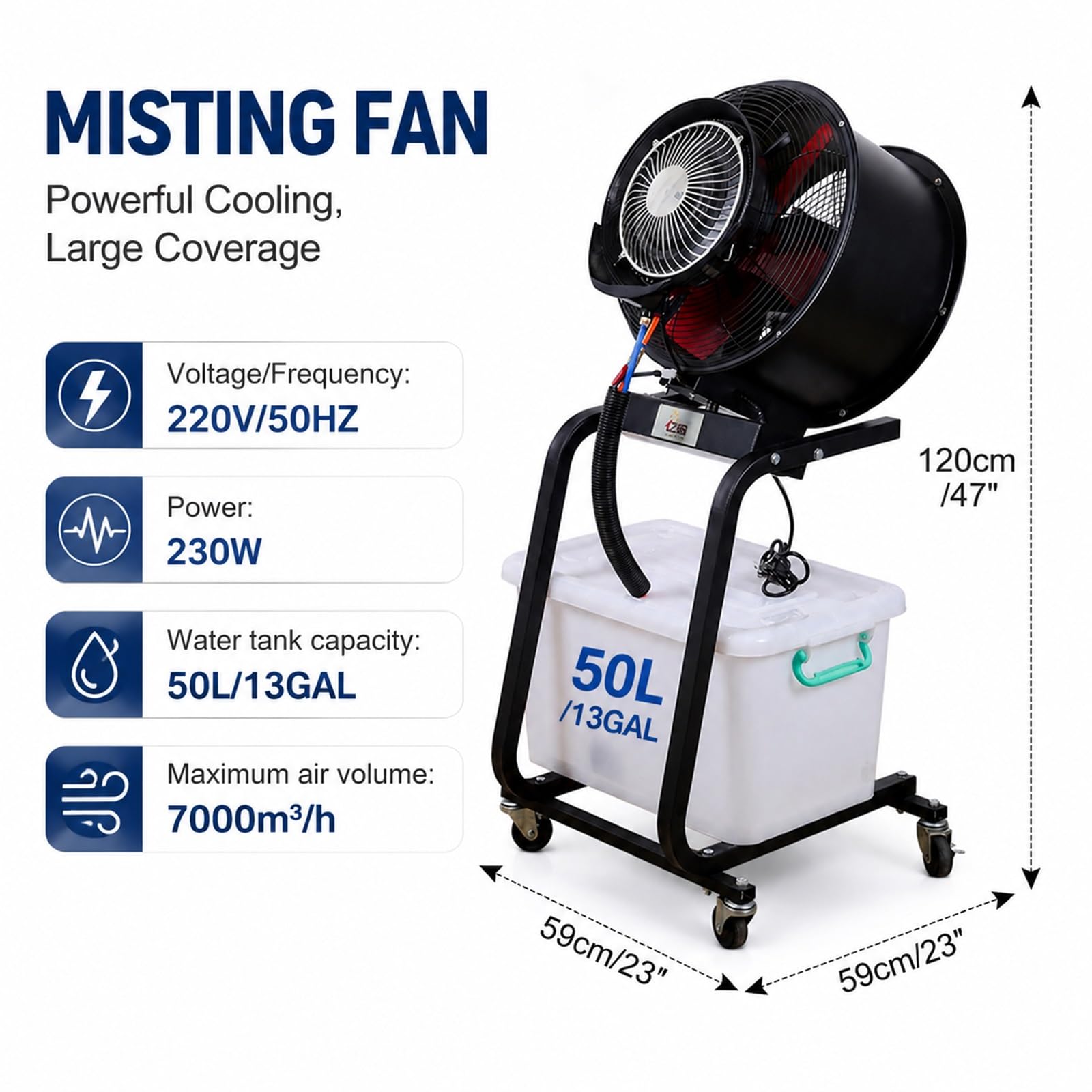 Ventilador Nebulizador Industrial Portátil para Uso Comercial | Depósito 50L, Ruedas 360°, Motor de Cobre, Oscilación 90°, Refrigeración Exterior y Comercial