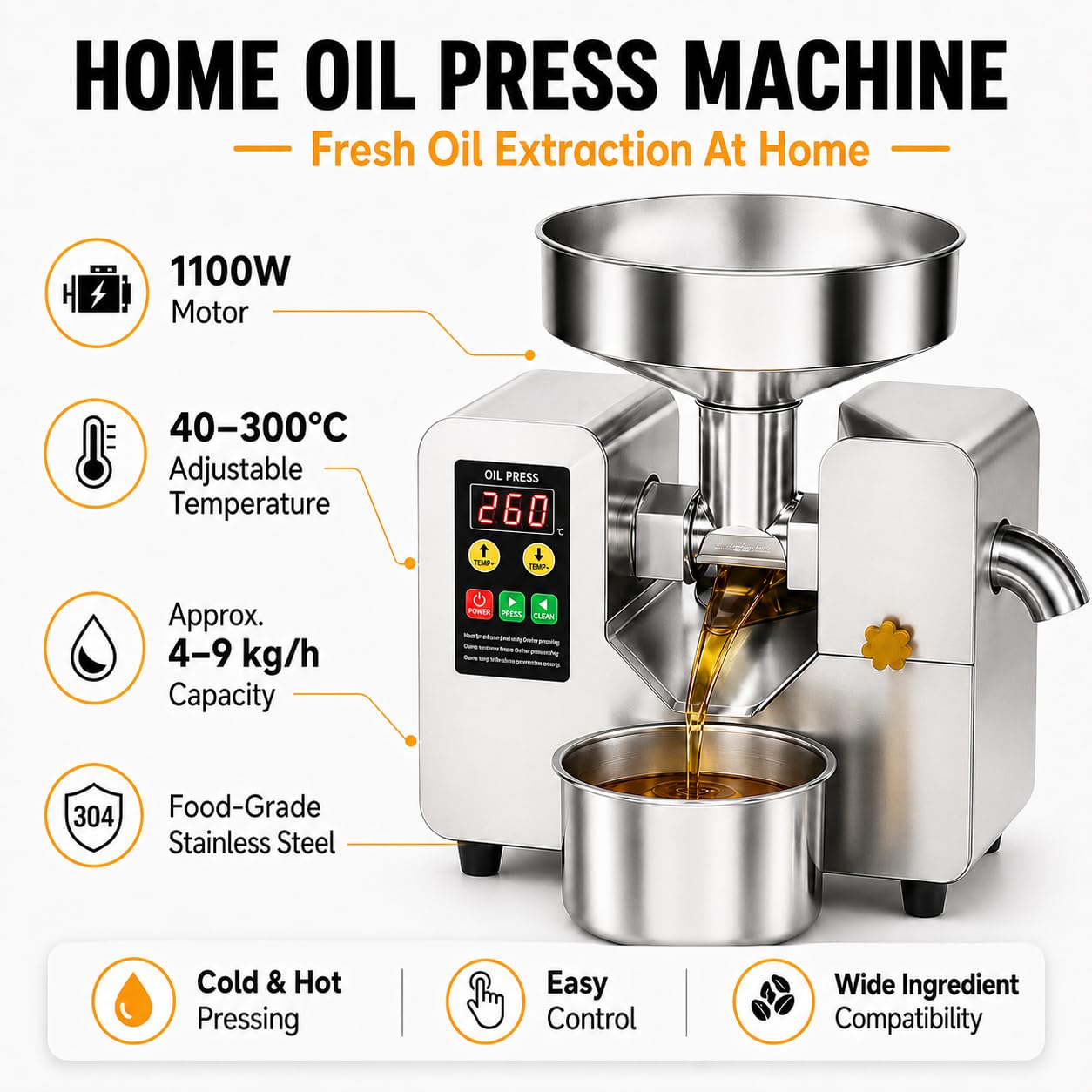 Pressa per Olio Elettrica 1100 W, Macchina per La Spremitura Dell'olio | Per Semi Di Sesamo, Girasole E Arachidi, Temperatura Di Esercizio: 40-300 °c, Funzionamento Continuo 24 Ore Su 24
