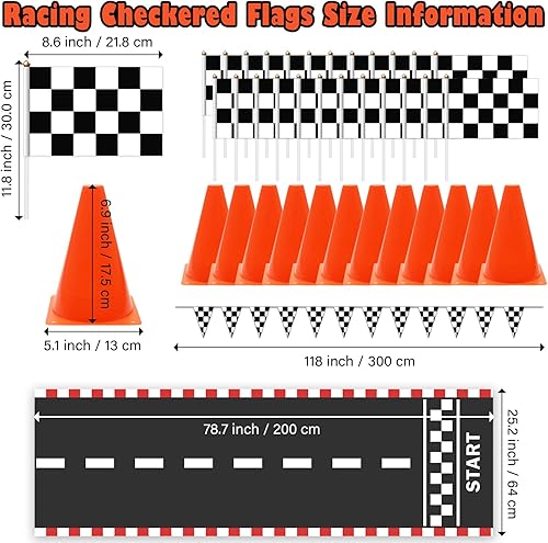 Miniatura 2 de Suministros para fiestas de autos de carreras, juego de 38 piezas 24 banderas a cuadros, 12 mini conos de tráfico, alfombra de hipódromo de 6.5