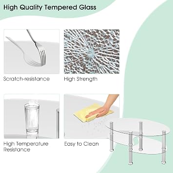 Multigot Tempered Glass Coffee Table, 3-Tier Cocktail Center Table with Open Shelf and Heavy-duty Steel Frame, Oval Snack Tea Sofa Side End Table for Living Room Office (Transparent)