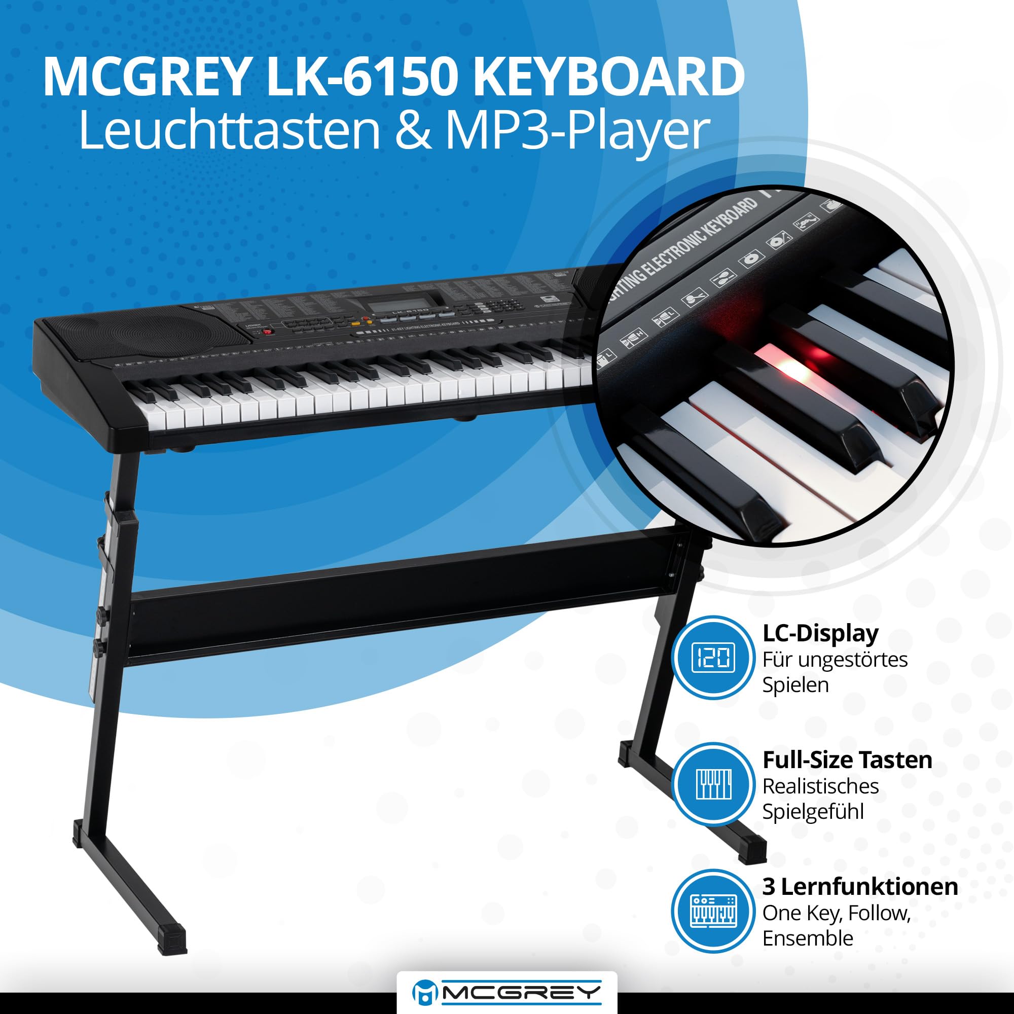 McGrey LK-6150 61 Tasten Set - Elektronisches Keyboard mit 61 Tasten - Leuchttasten und Lautsprecher - inkl. Z-Ständer - Schwarz