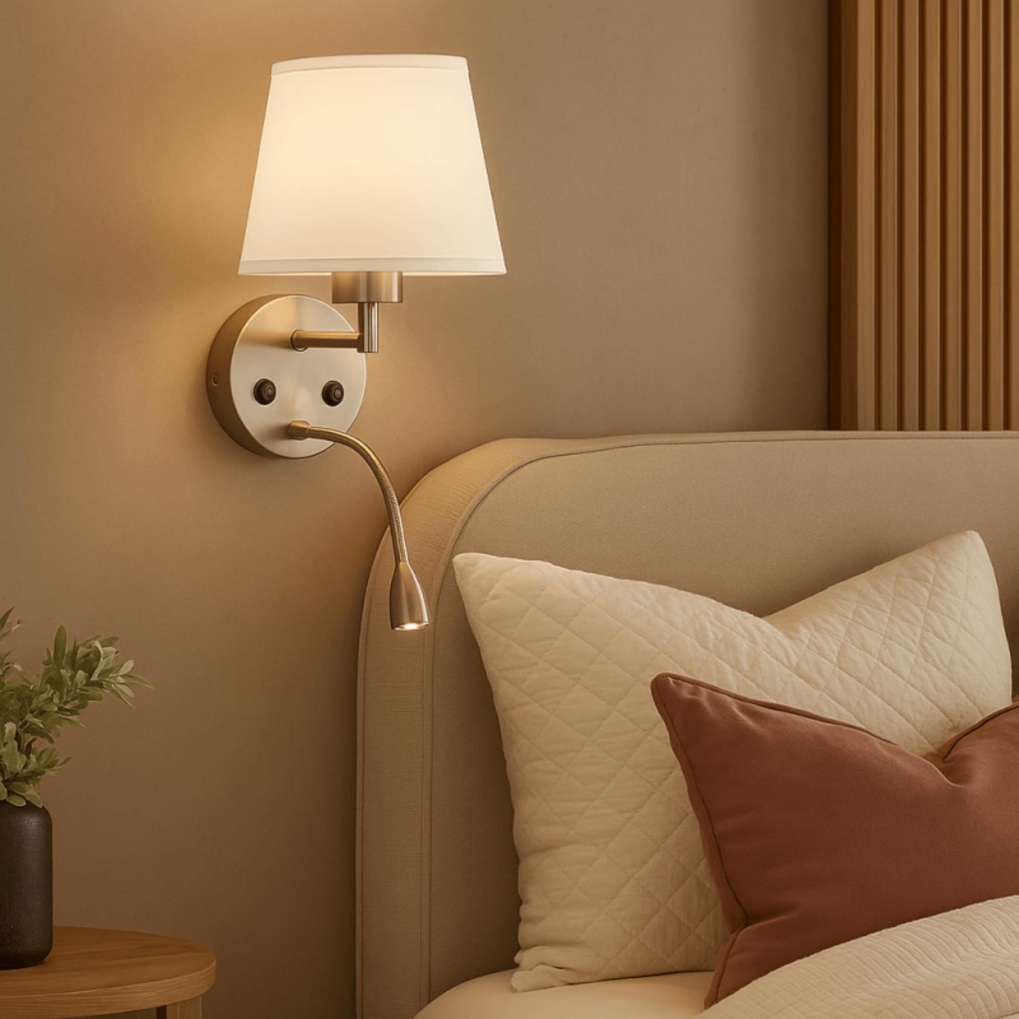 BarcelonaLed - Applique da parete E27 con faretto di lettura orientabile flessibile da 1 W, paralume in tessuto bianco, con 2 interruttore, per camera da letto, testiera del letto, comodino, salotto