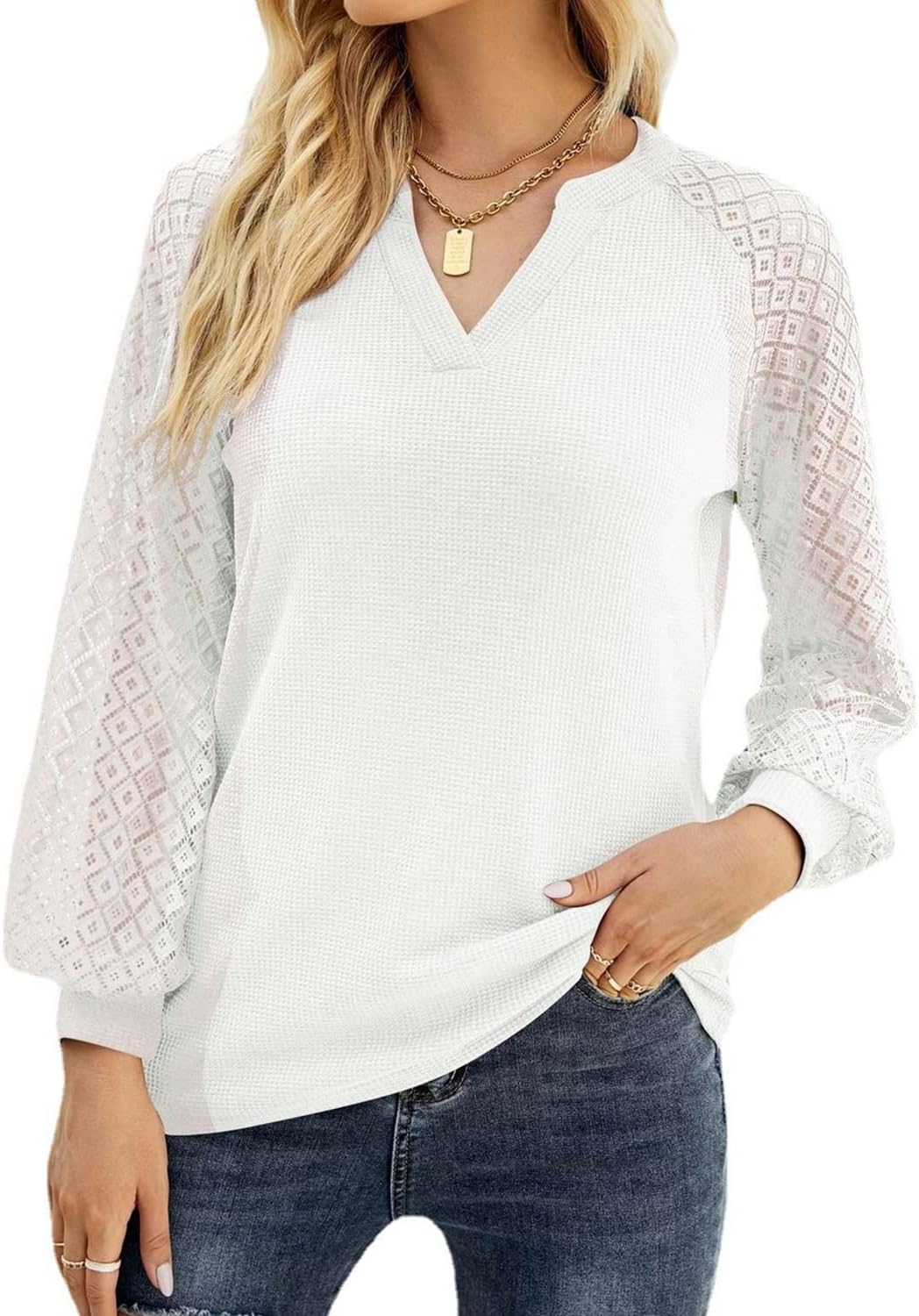 FANCYINNWomens Elegant Tops Lace Waffle Knit Long Sleeve Blouse V Neck Casual Loose Shirt White