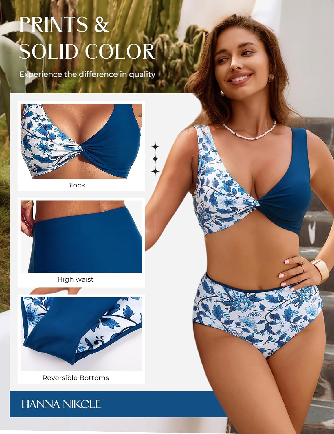 Hanna Nikole High Waisted Bikini Sets for Women, Color Block Swimsuits, Deep V Twist Front Bikini Top + Reversible Bottom - Image 4