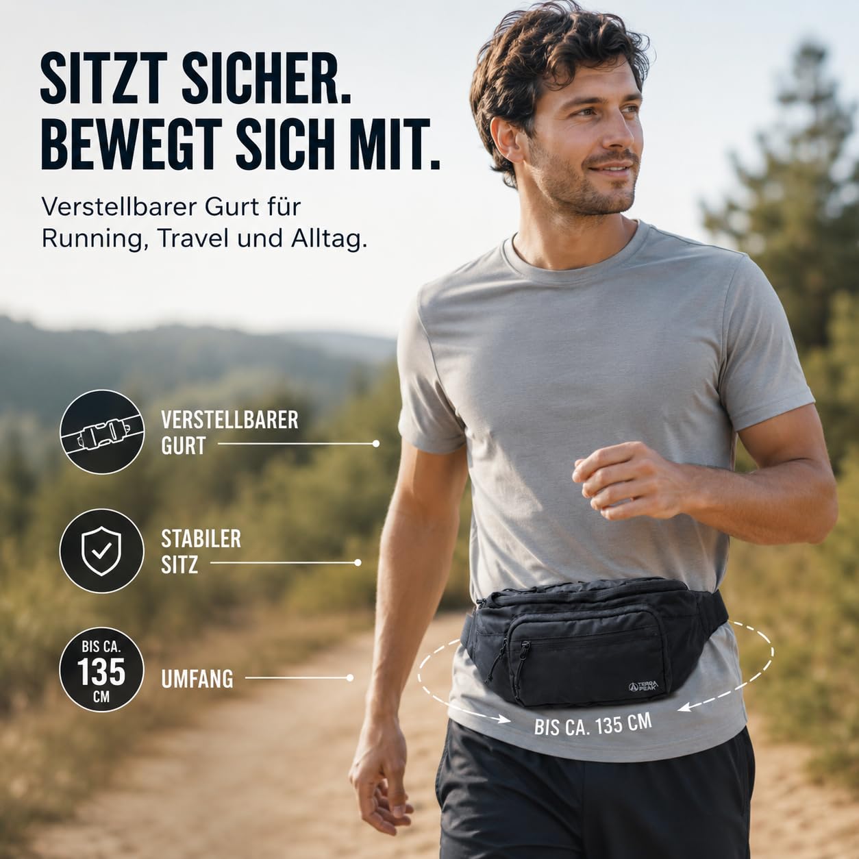 Terra Peak® Marsupio da 1,5 l, con scomparto geo-Tag – Marsupio da donna e uomo nero – Marsupio Hip Bag Fanny Pack Belt Bag Bag – Sport Escursioni Viaggi Festival, Crossbody, Imbottito