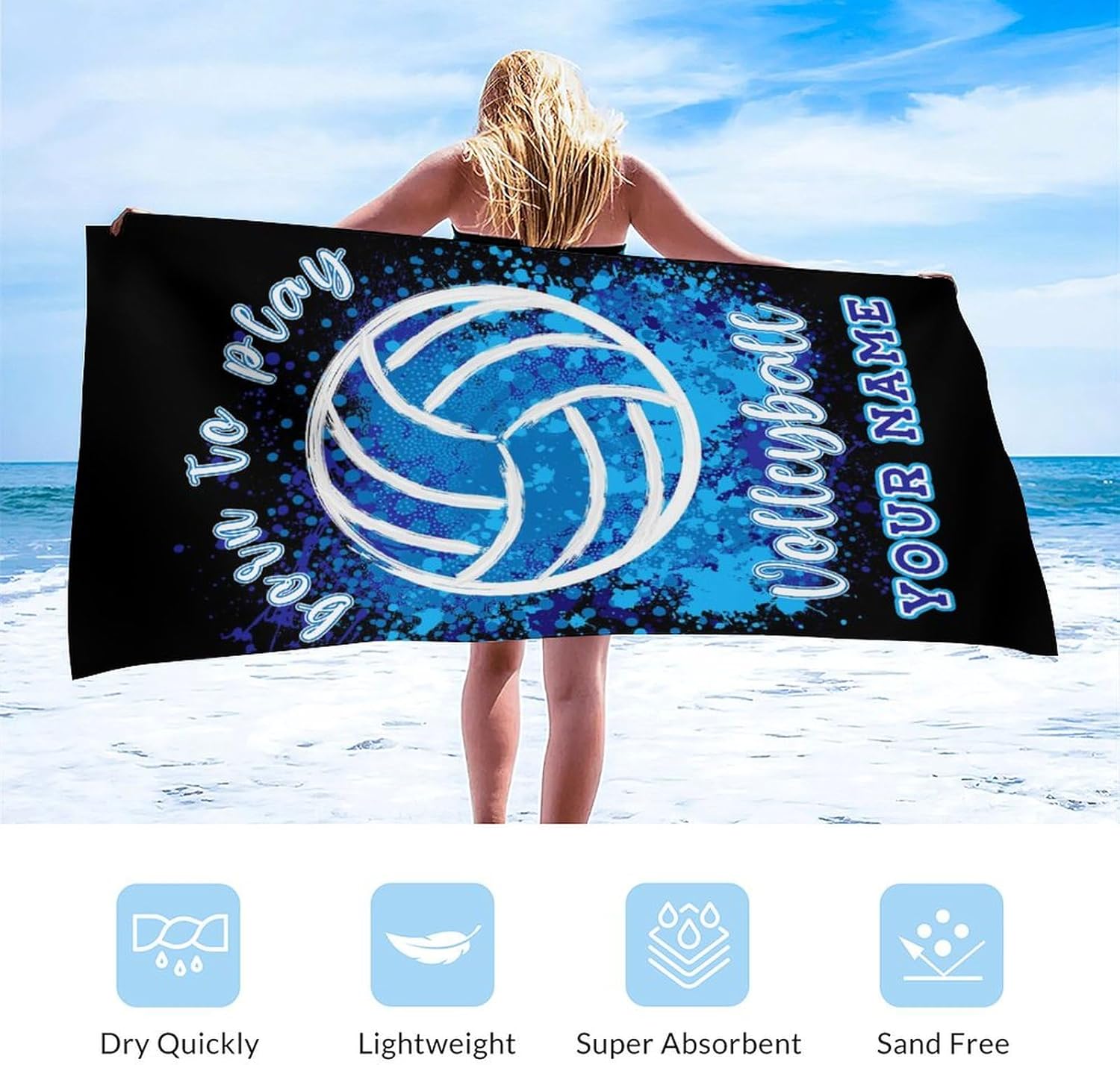 Volleyball Beach Towel for Men - Custom 40" x 70" Extra Large Sport Bath Towels for Beach, Pool & Travel - Quick-Dry Sandless Swimming Accessory for Swimmers