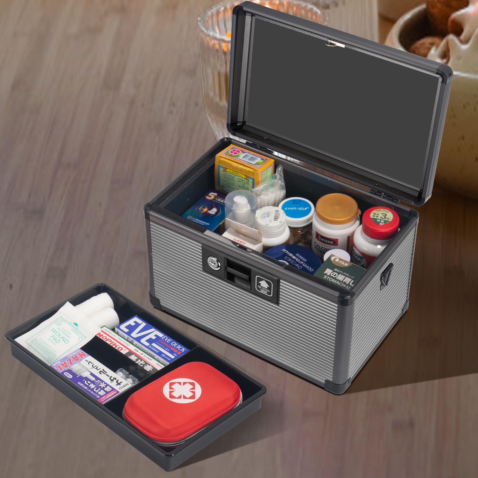 Medizinschlossbox mit Schlüssel, Aufbewahrungsbox aus Aluminiumlegierung für Medikamente, Erste-Hilfe-Set mit herausnehmbarem Tablett für Zuhause, 25 * 17.5 * 17.5cm