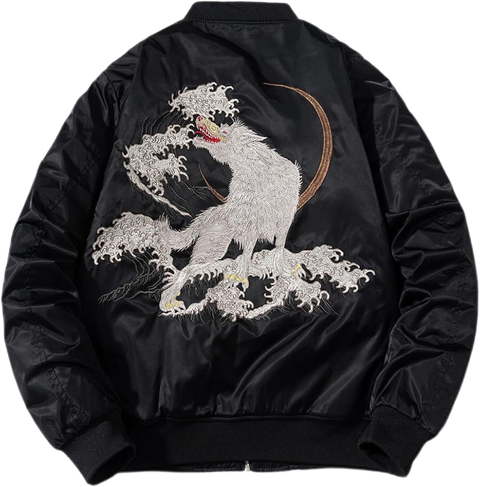 Amazon | [Rosesky] スカジャン メンズ 黒 横須賀 狼 中綿 和柄 バイク