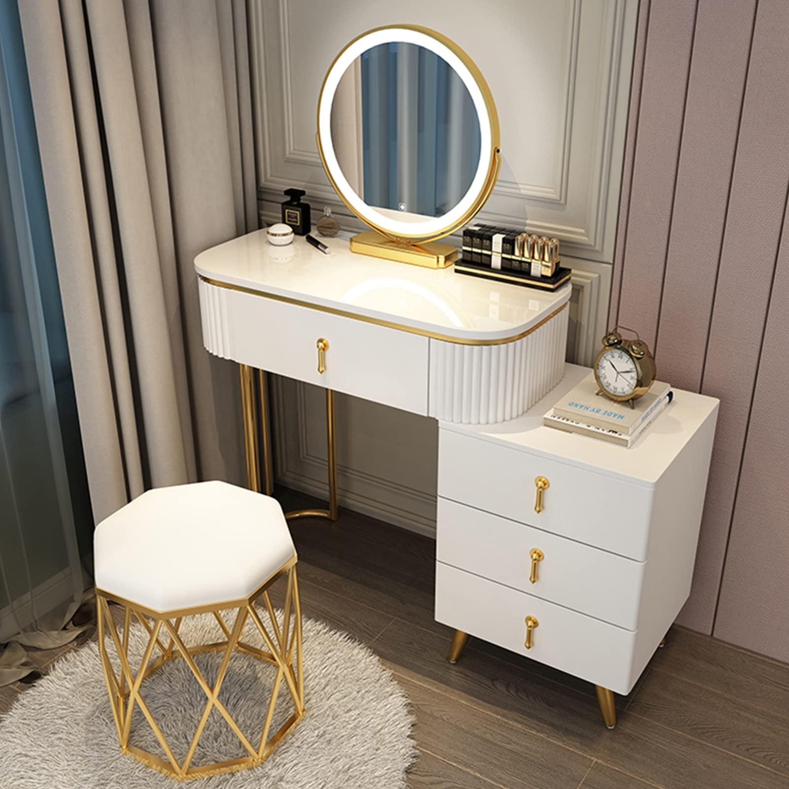 asdchZen Modern Dressing Table Set With Led Light Mirror, Movable Nightstand, Cushioned Stool, Stylish Makeup Vanity For Women & Girls-White, 100Cm/39.3In,White a-80cm/31.4in