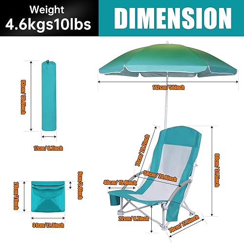 Miniatura 8 de WGOS Silla de playa plegable para adultos silla de campamento con respaldo alto con paraguas y bolsa de refrigeración gran sombra portátil y ligera