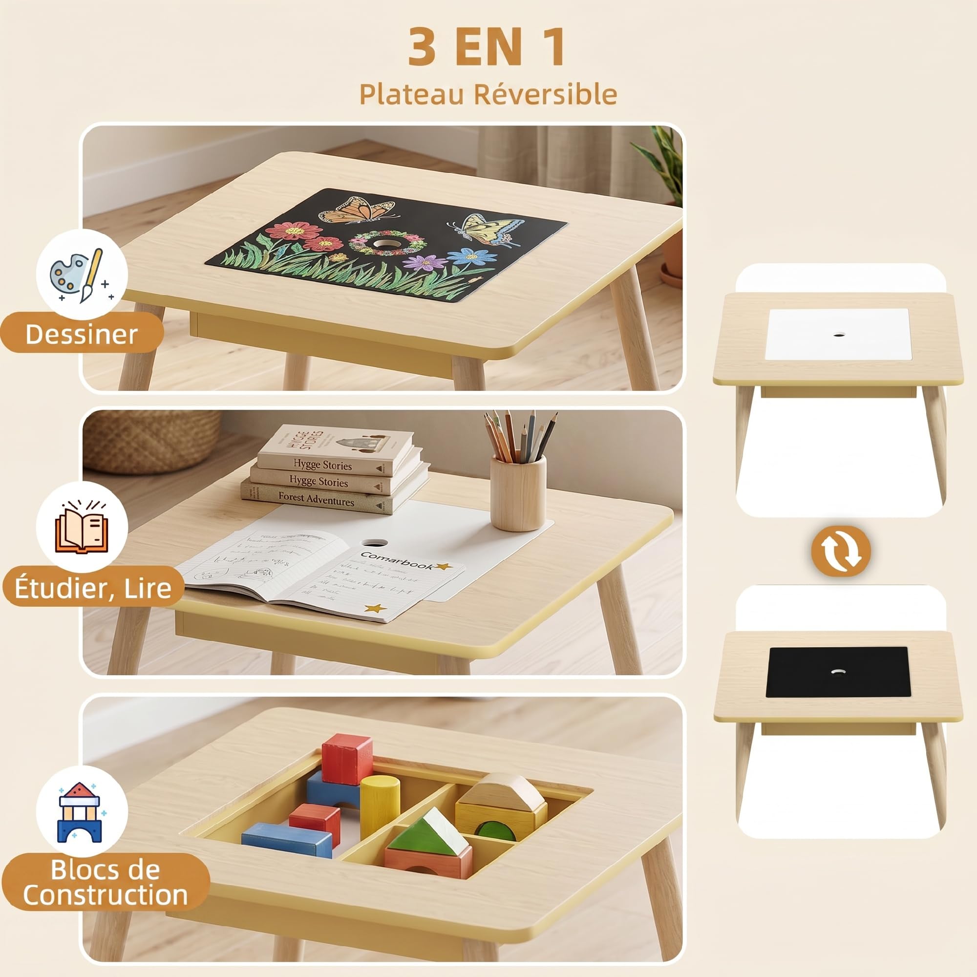 AIYAPLAY Ensemble Table et 2 Chaises 3 pièces Enfants Plateau réversible Bois Naturel