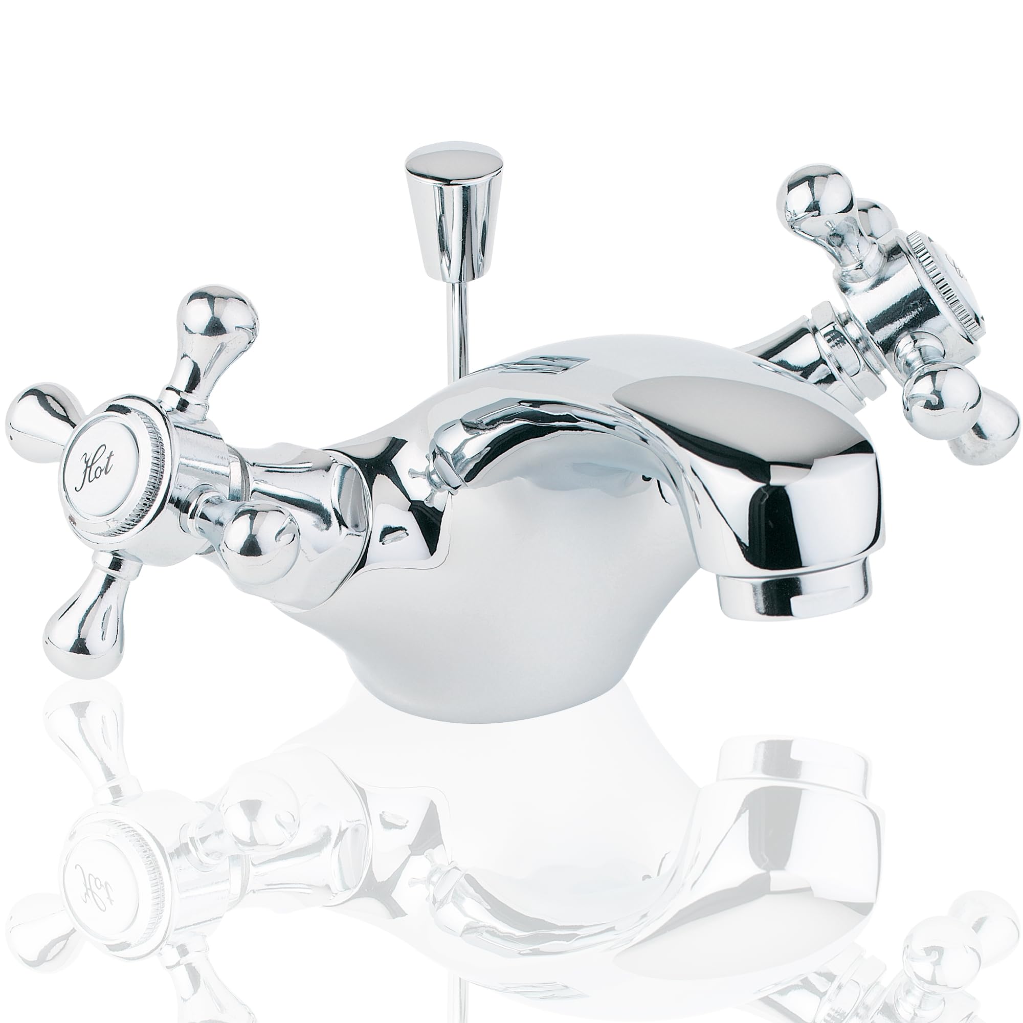 Deva TUD113 Tudor Basin Mixer Tap in Chrome - with Pop Up Waste - Dual Cross Handle - Hot & Cold Taps - Victorian Era Deck Mounted Bathroom Basin Single Hole Silver Faucet - 12 Year Warranty