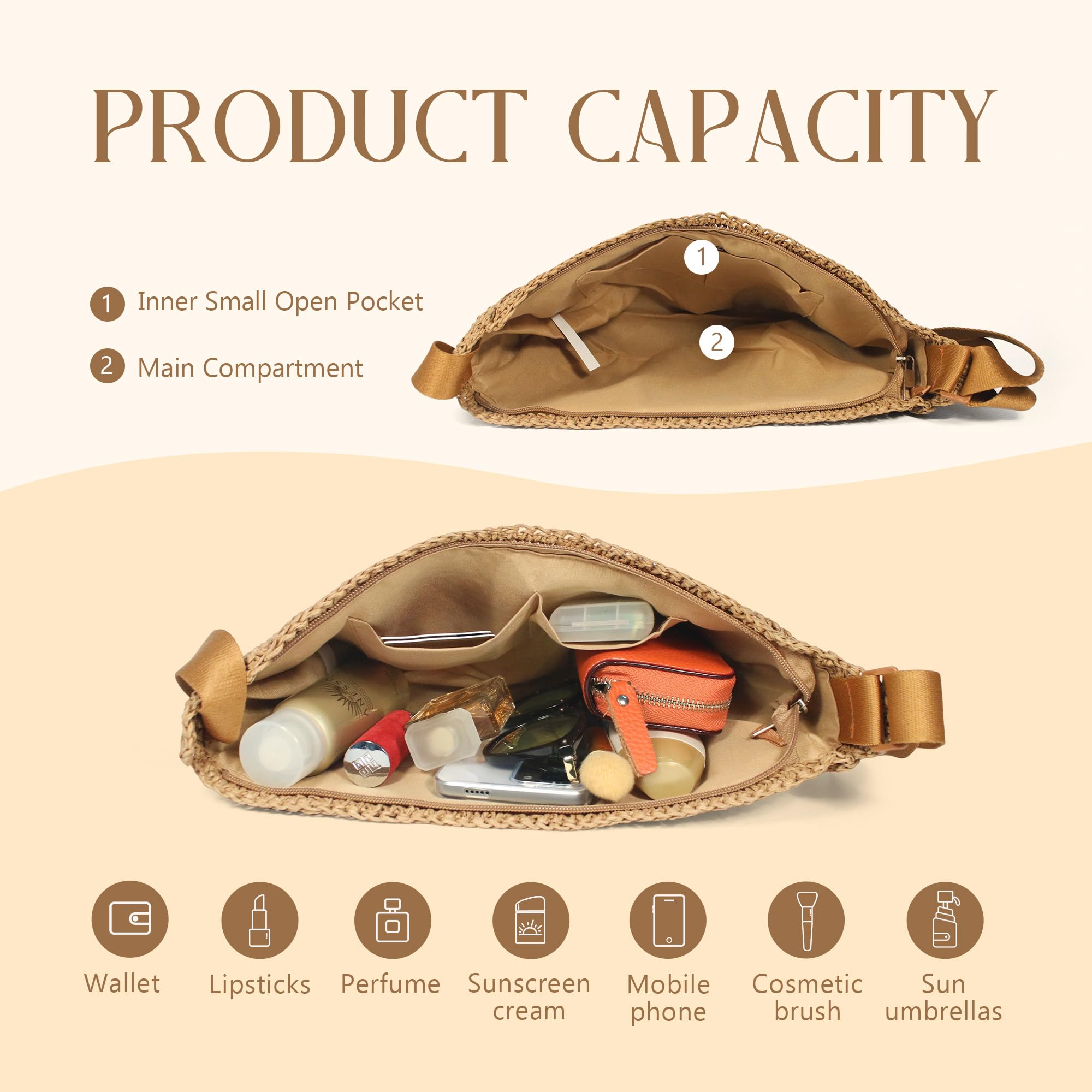Paille Croix Corps Sac pour Femmes Été Tressé Plage Sac Croissant Bandoulière avec Sangle Réglable 2025