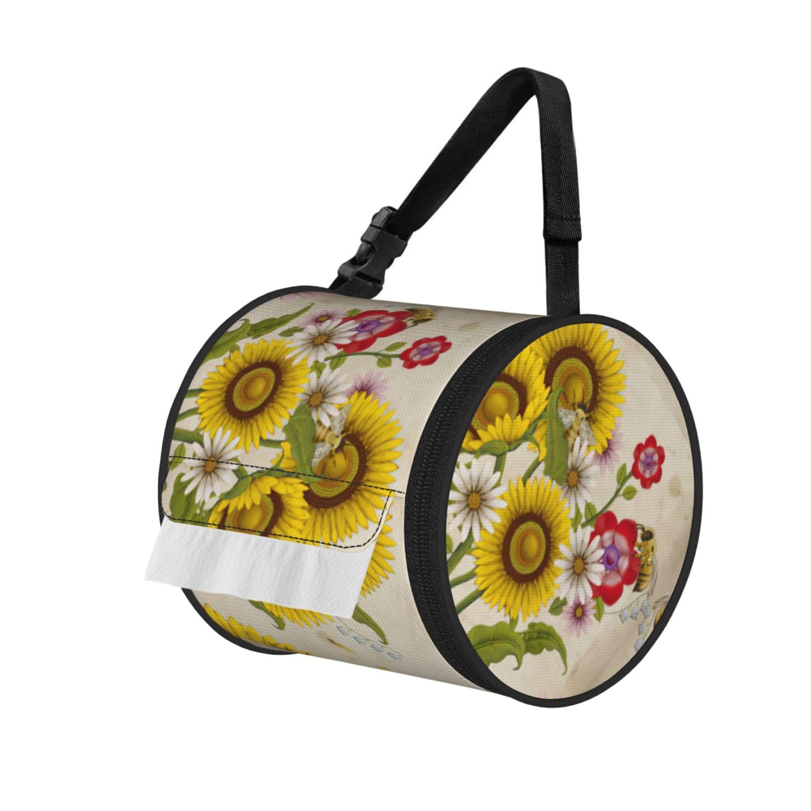 Jiuty Black Bees Sunflowers Daisy Rose Flowers Print Cylinder Tissue Organizer Bag With Strap, Portable Toilet Roll Holder For Camping Car