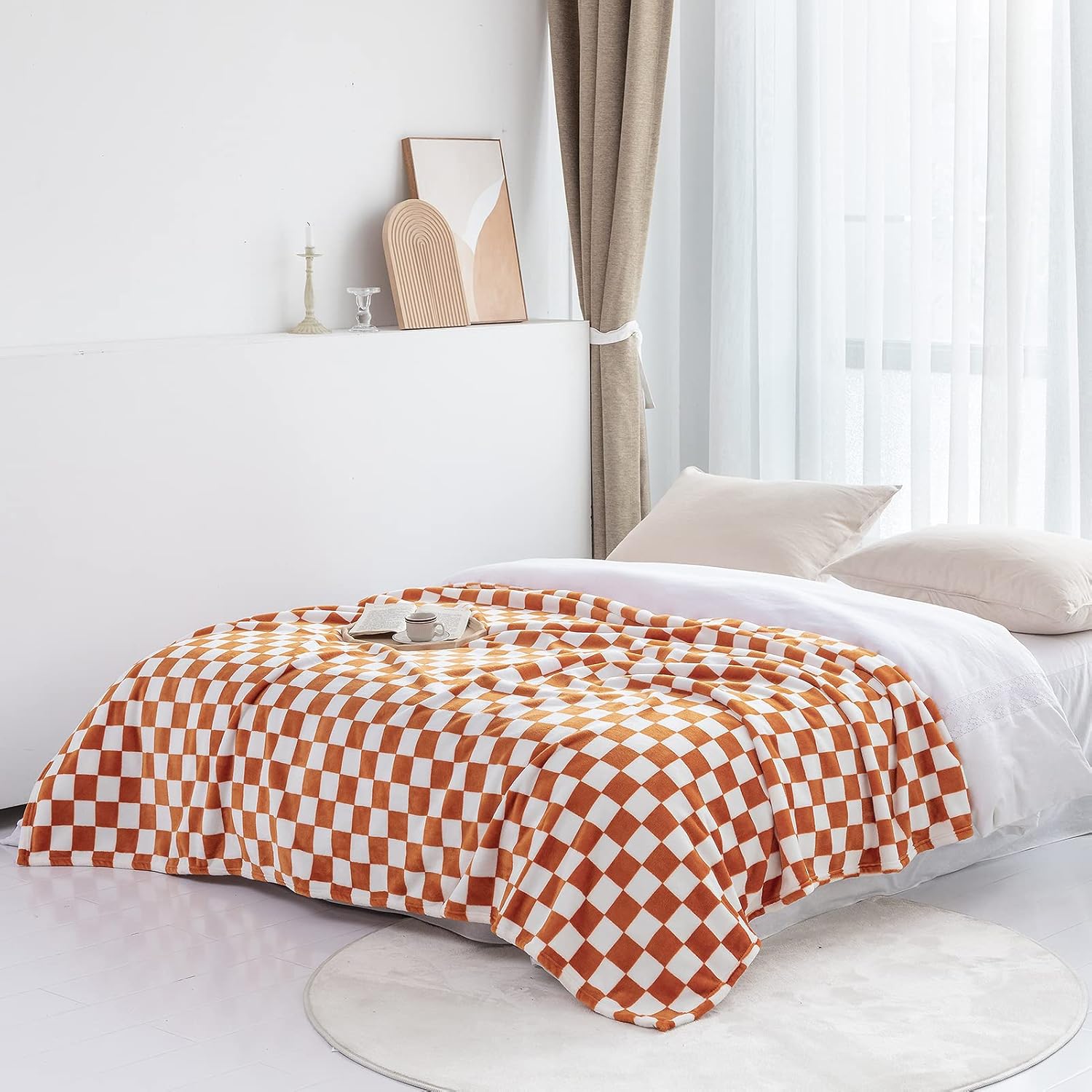 LOMAO Throw Blankets Flannel Blanket with Checkerboard Grid Pattern Soft Throw Blanket for Couch, Bed, Sofa Luxurious Warm and Cozy for All Seasons (Orange, 40"x60") - Image 5