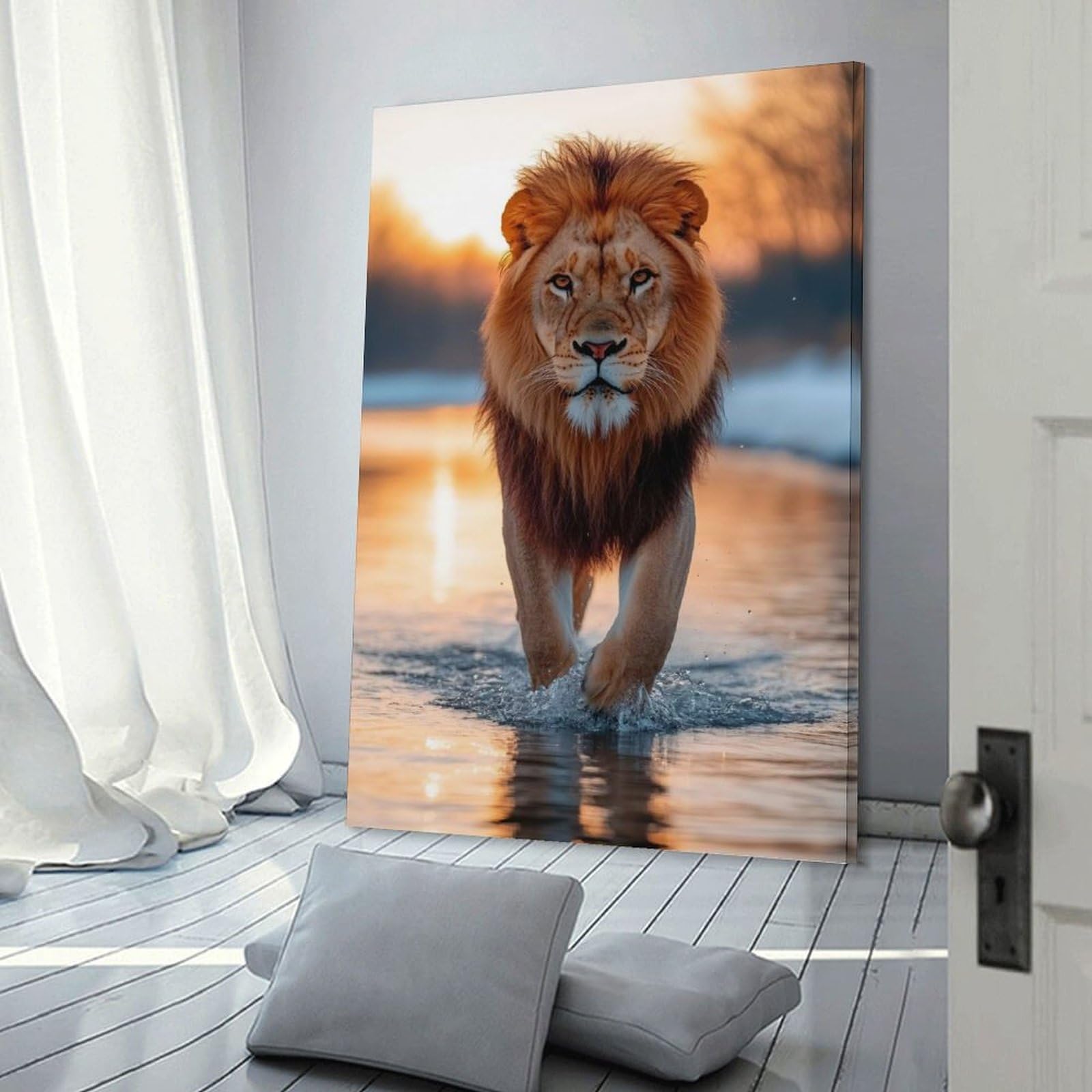 Junmoney Majestic Lion Walking Through Water at Sunset Decorative Canvas Print 20x30inch(50x75cm), for Study, Office Or Focused Interiors, Wall Art That Adds Style to Work Areas