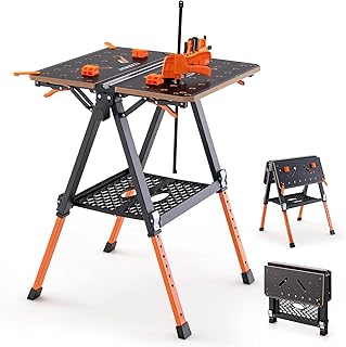 COSTWAY 2-in-1 Folding Workbnech, 8 Adjustable Height Work Table & Sawhorse with 2 Quick Clamps, 4 Clamp Dogs & Tool Tray, Portable Flip-Top Workstation Tool Stand, 450kg Capacity