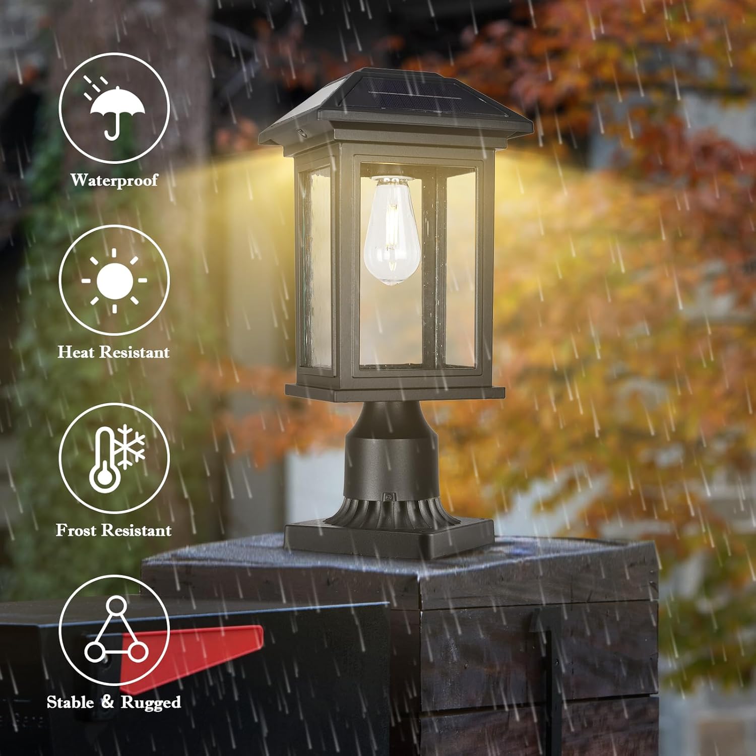 Solar Post Lights Outdoor, Waterproof Anti-Rust Black Pole Light Fixtures with Clear Glass, LED Solar Powered Lamp for Garden, Front Yard, Porch, Garage, and Patio (Bulb Included)