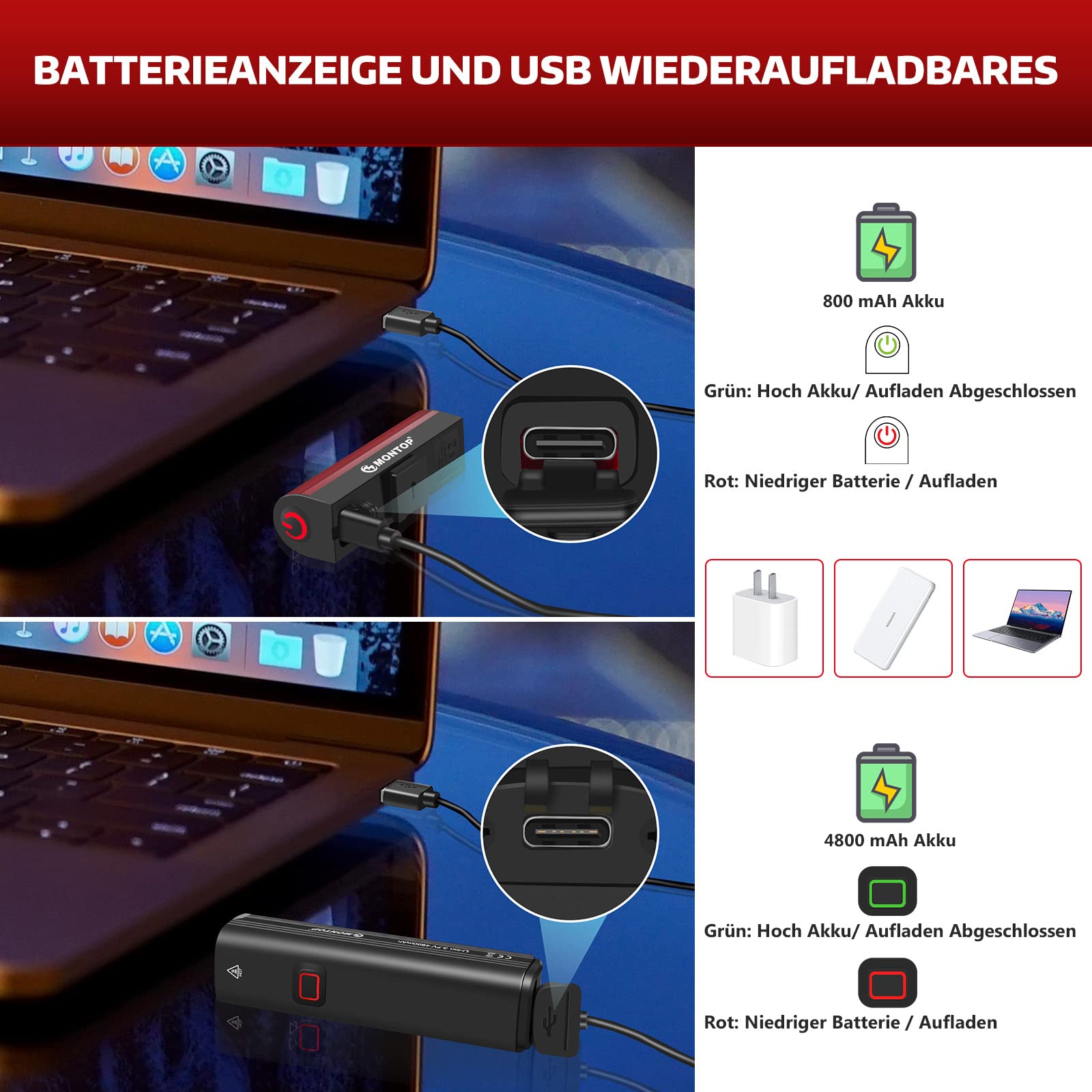 MONTOP StVZO Zugelassen Fahrradlicht Set USB Akku, LED Fahrradbeleuchtung Fahrradlampe, Bike Light Fahradbeleuchtungsset INKL. Frontlichter & Rücklicht, Fahrradlichter für Kinder und Erwachsene