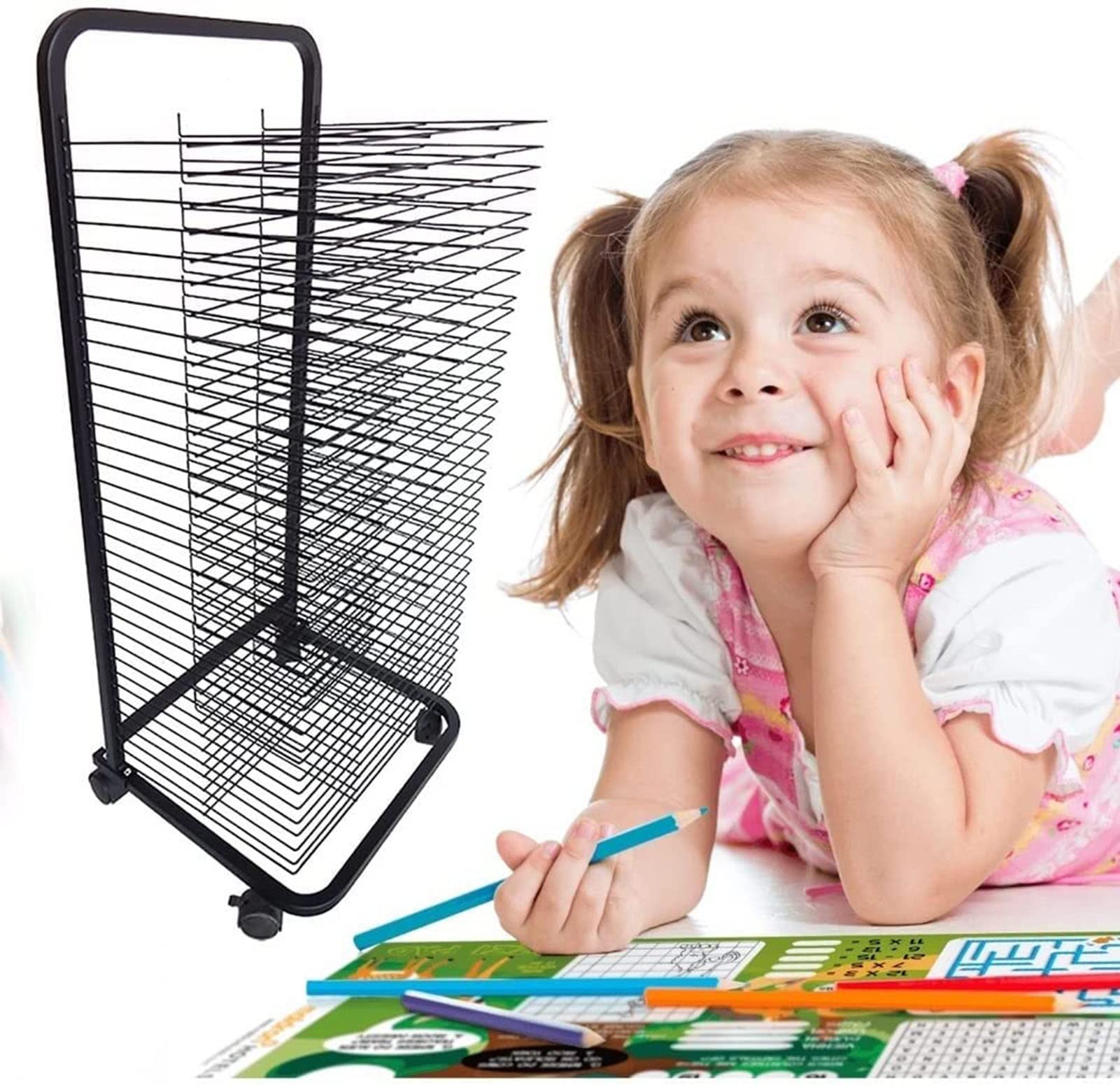 JYHHGDS Art Drying Rack for Classroom Space Saver, Mobile Metal Artwork Storage Display Shelf Art Rack Art Organizer for Kids, Art Studio, Painting Drying Rack, Black, 3 Sizes-35 Shelves