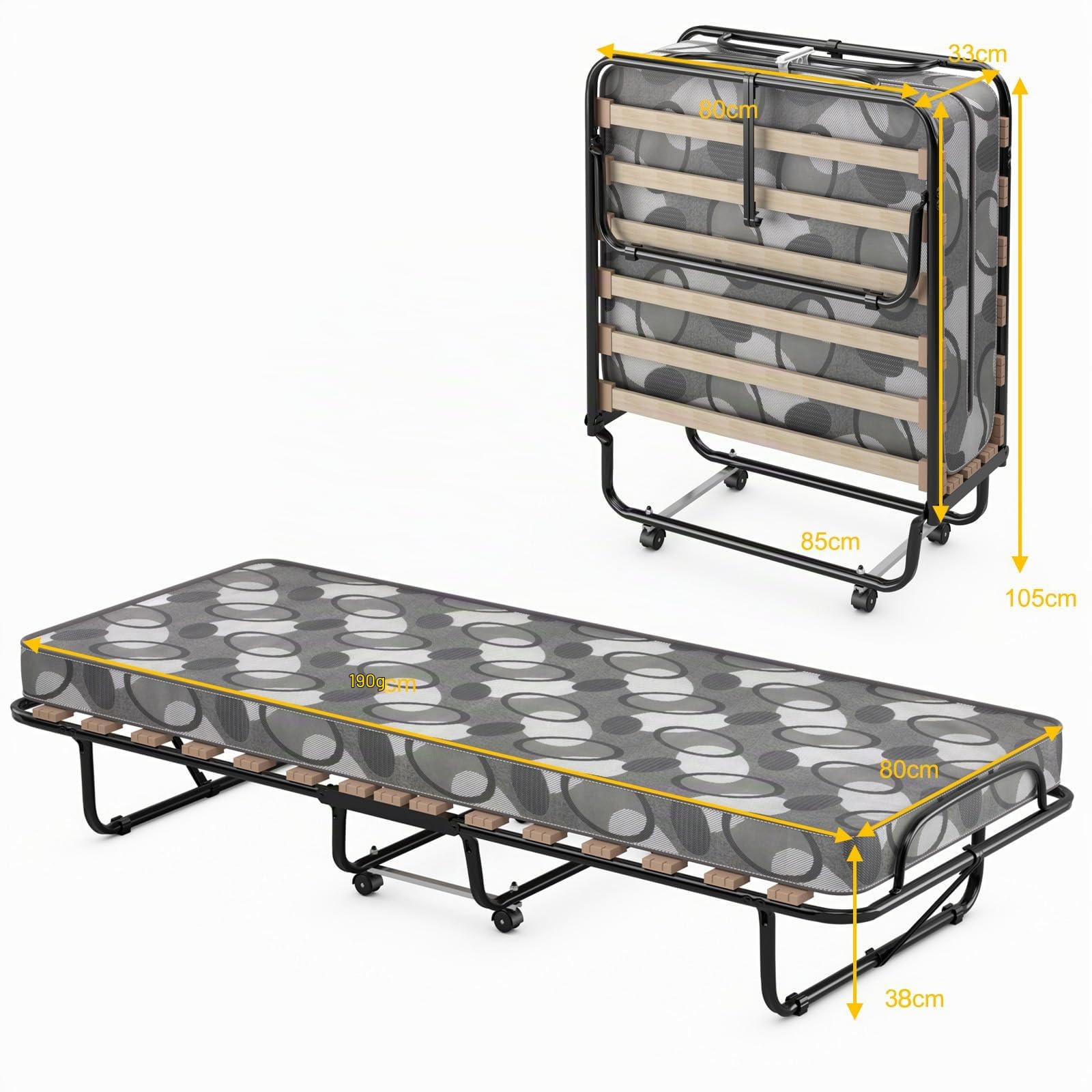 LIFEZEAL Klappbett, Klappbares Gästebett im Metallrahmen, Faltbares Einzelbett mit Matratze aus Memory Foam, Erwachsene Metallbett auf 4 Rädern (Grau, 190 x 80 x 33 cm)
