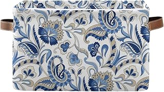 Oyihfvs Seamless Traditional Indian Blue Grey Paisley Flowers on White 1 PC Rectangle Storage Basket Collapsible Fabric with Leather Handles Bag Organizer Clothes for Home Bedroom 15 x 11 x 9.5 in