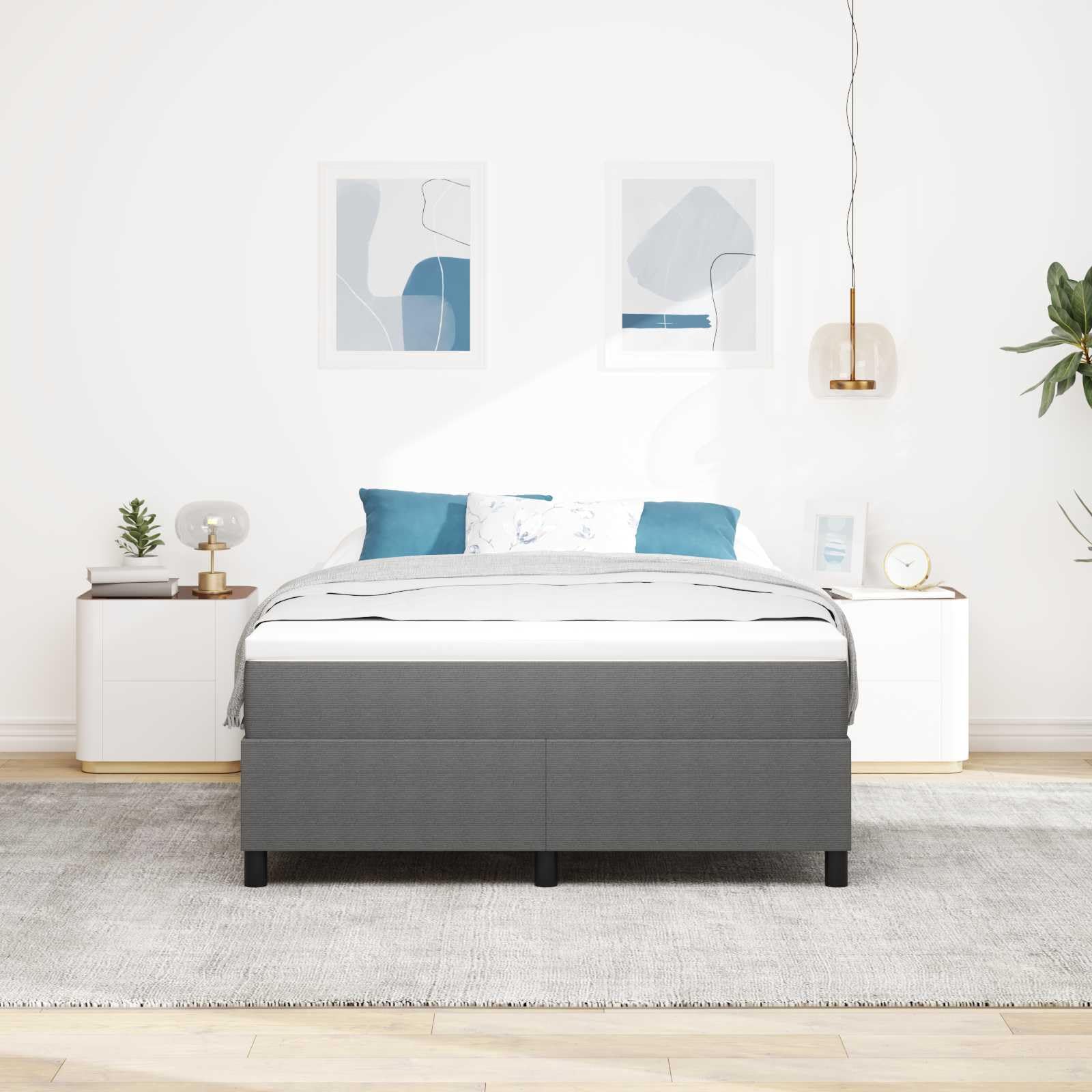 Estructura de cama de 140 x 200 cm de color gris claro de pana con somier de listones y postes, diseño moderno para un fácil montaje