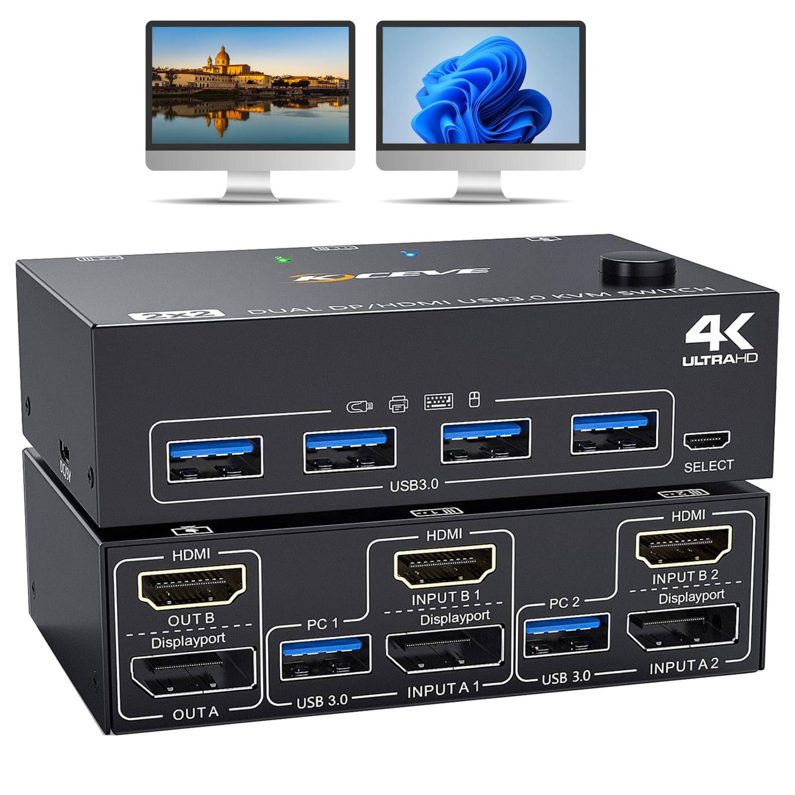 4K@144Hz HDMI Displayport KVM Switch 2 Monitors 2 Computers,