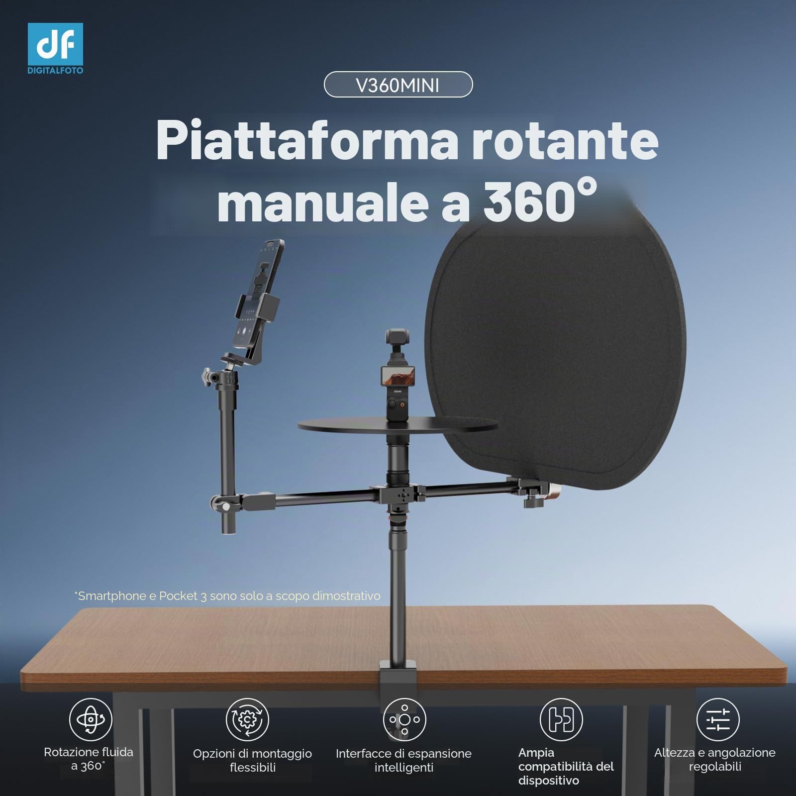 V360MINI 360 Piatto Rotante Fotografico con Sfondo | Rotazione Fluida a Doppio Cuscinetto, Supporto Modulare per Prodotti per Smartphone, DSLR e Mirrorless Fotocamera, 5kg Carico