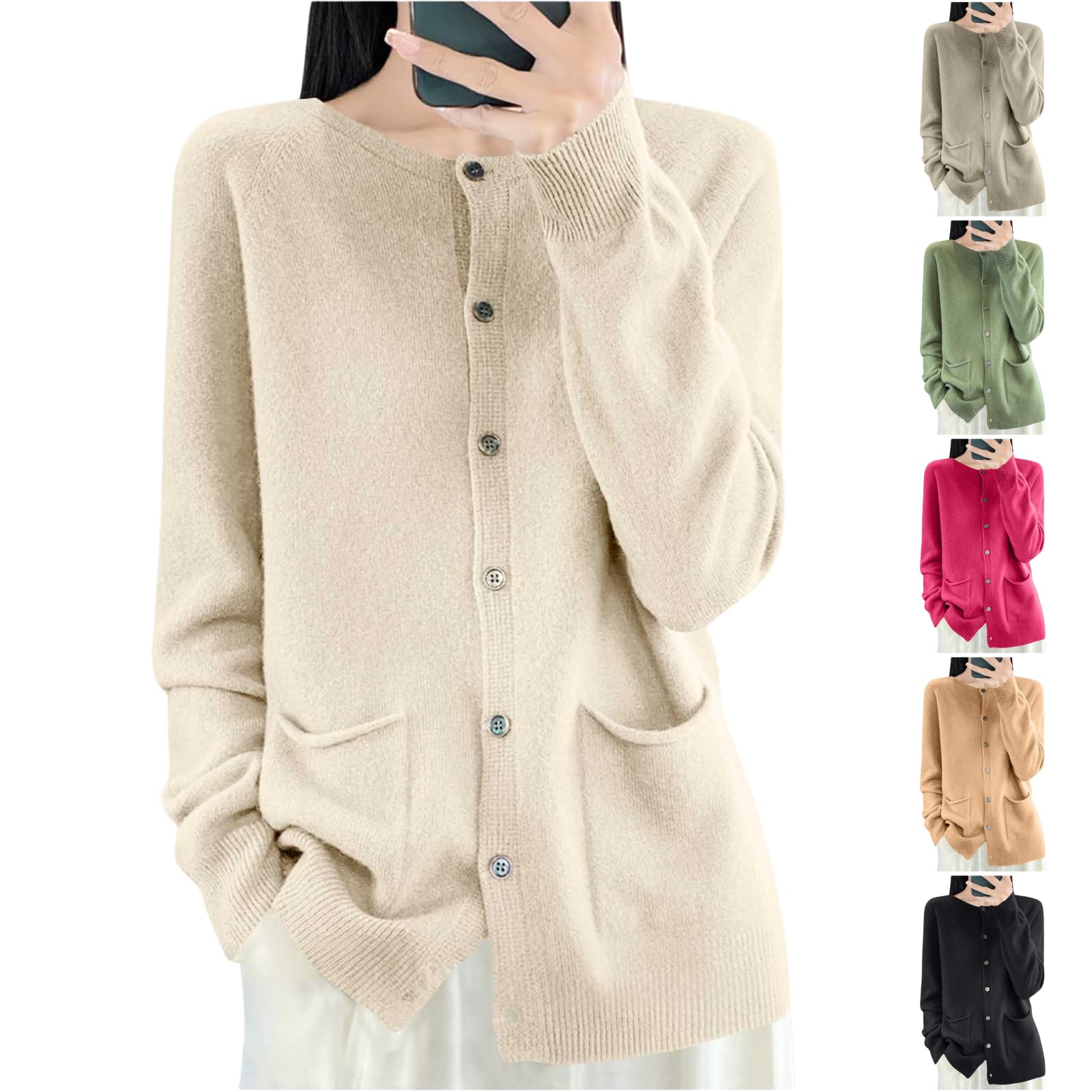 Womens Knit Cardigan Oversized Round Neck Button Front Sweater Soft Casual Fuzzy Cardigan Sweaters with Pocket
