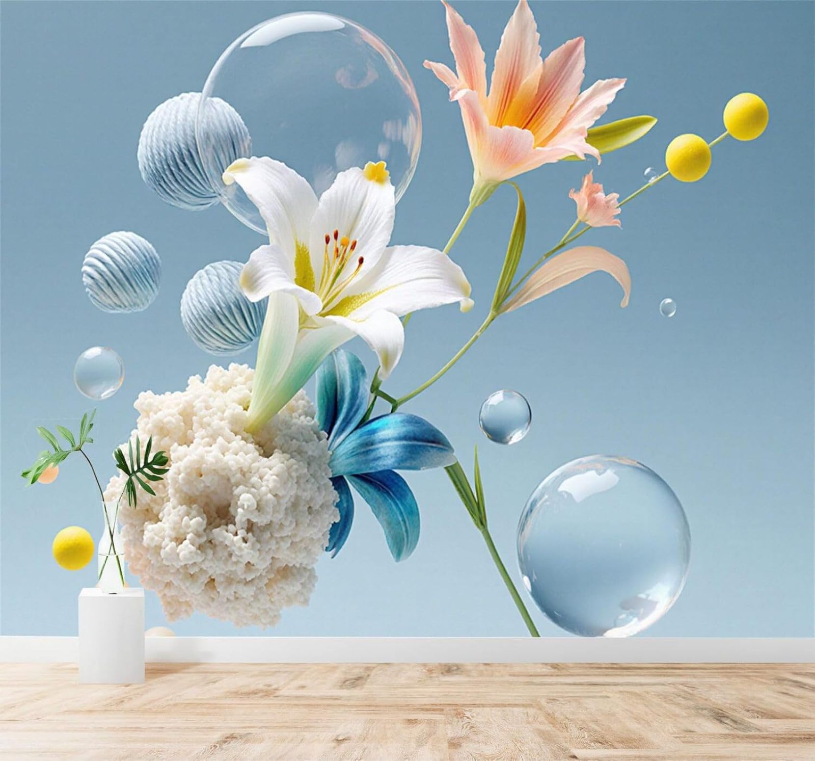 XLMING Fresh Elegant Lilies Blue Spheres Floating Bubbles 3D Wallpaper Silky Texture Home Study Office Grey Dining Room Sofa Bedroom Living Room TV Backdrop-200cm×140cm