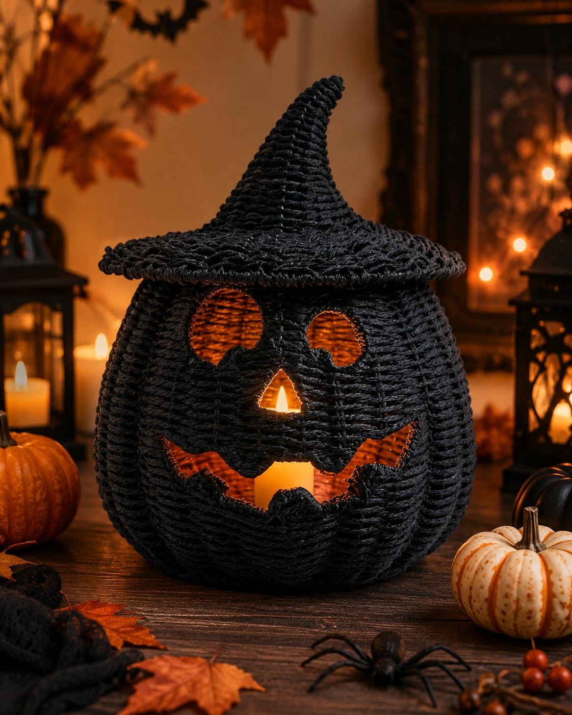 Halloween Woven Seagrass Pumpkin Lantern with Witch Hat Lid