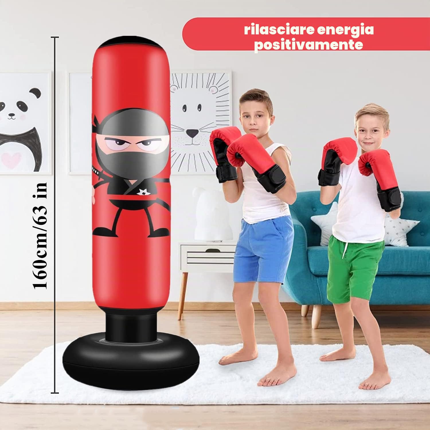 Sacco da Boxe Bambini 160cm Gonfiabile Ninja Sacco Boxe da Terra Bambino Sacco da Sabbia con Pompa ad Aria per Praticare MMA Karate Taekwondo e per Alleviare L'energia Repressa nei Bambini