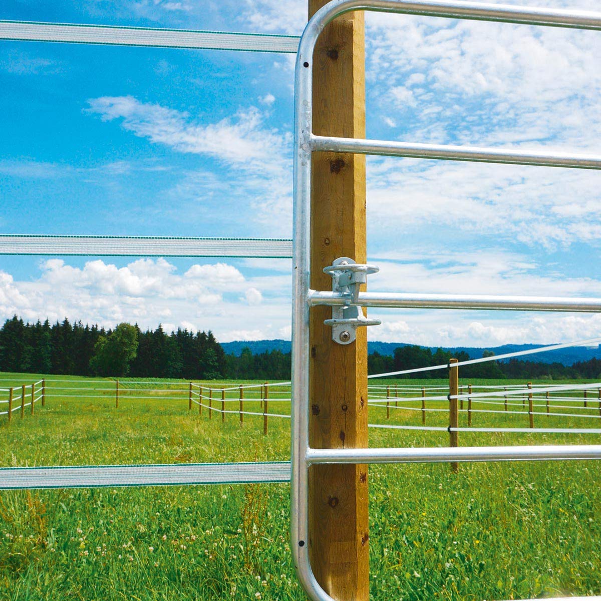 Agrarzone Cancello per pascolo zincato 110 cm regolabile 1m - 1,7m | Cancello con set di montaggio | Cancello elettrificabile per l'accesso sicuro al pascolo | Cancello per recinzioni elettrificate