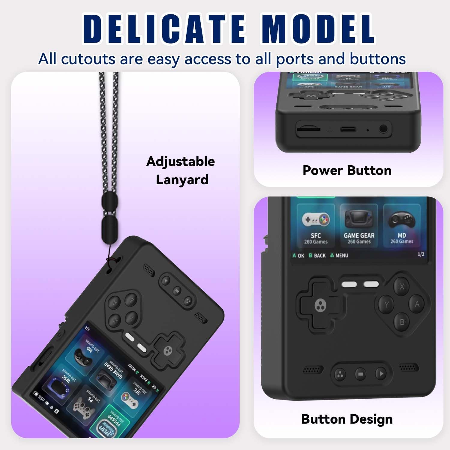 Silicone Case for Trimui Brick Retro Handheld Game Console, Soft Skin Cover for Trimui Brick Accessories, Anti-Scratch Washable TrimuiBrick with Lanyard (Black)